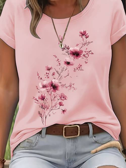 watercolor elegant floral pattern print short sleeves round neck t shirt spring and summer casual womens wear