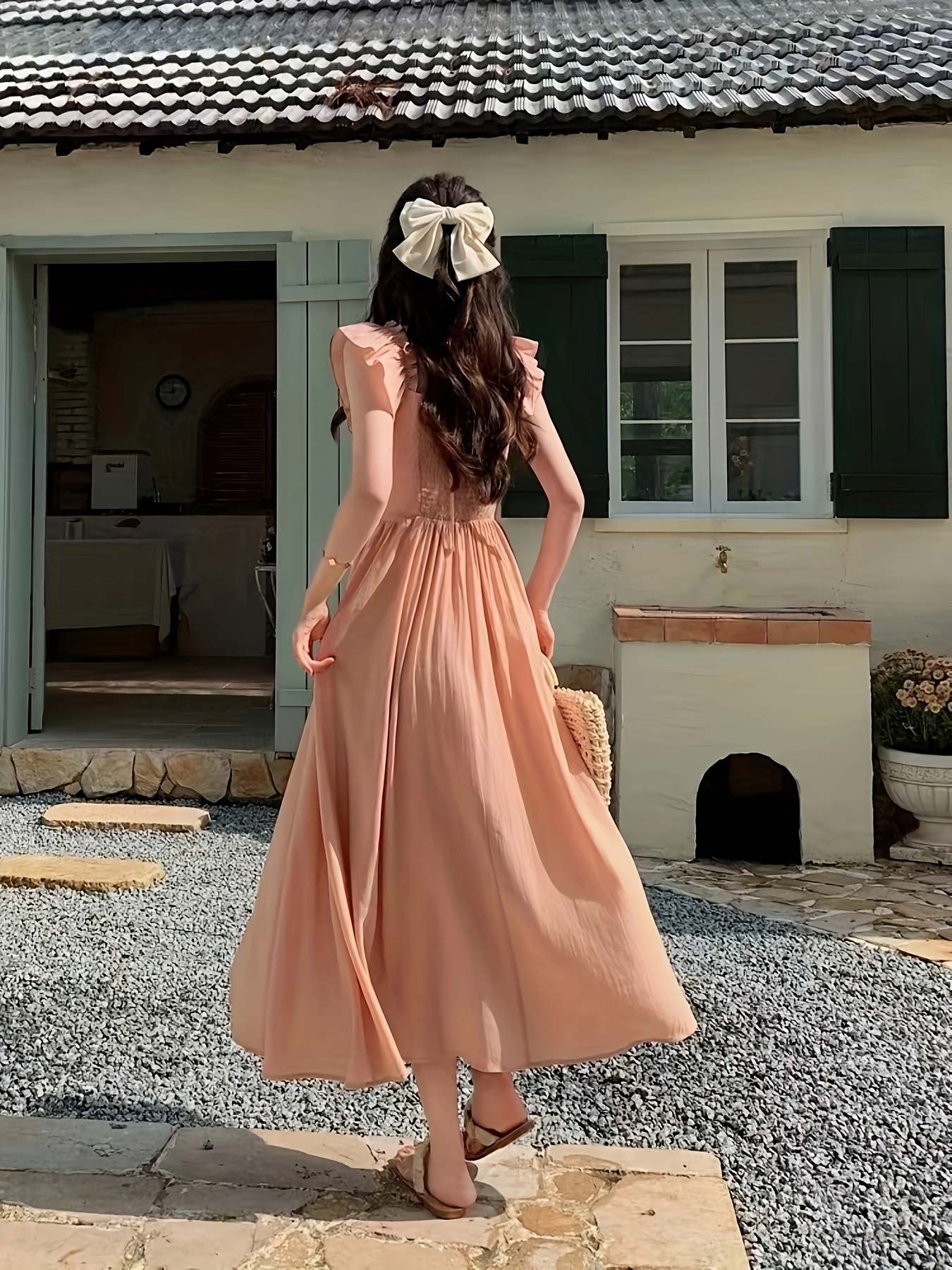Elegant Pink Square Neck Maxi Dress with Ruffle Detail Sleeveless, Flowy  A-Line Skirt Spring/* Women'S Casual Summer Dress Ruffle Detail Dress 
