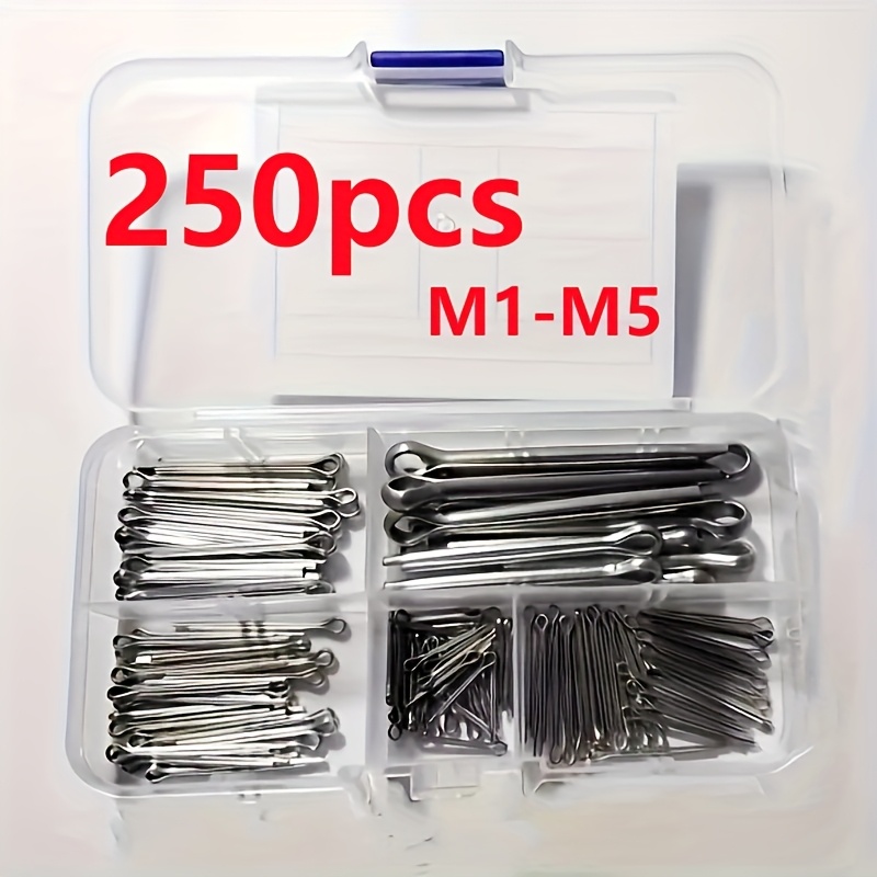 TEMU 250pcs 304 Stainless Steel Open Pin Nail Classification Kit - 6 Types Of Spring Pins Fasteners M1-m5, Suitable For Cars, Machinery, Garages, ,