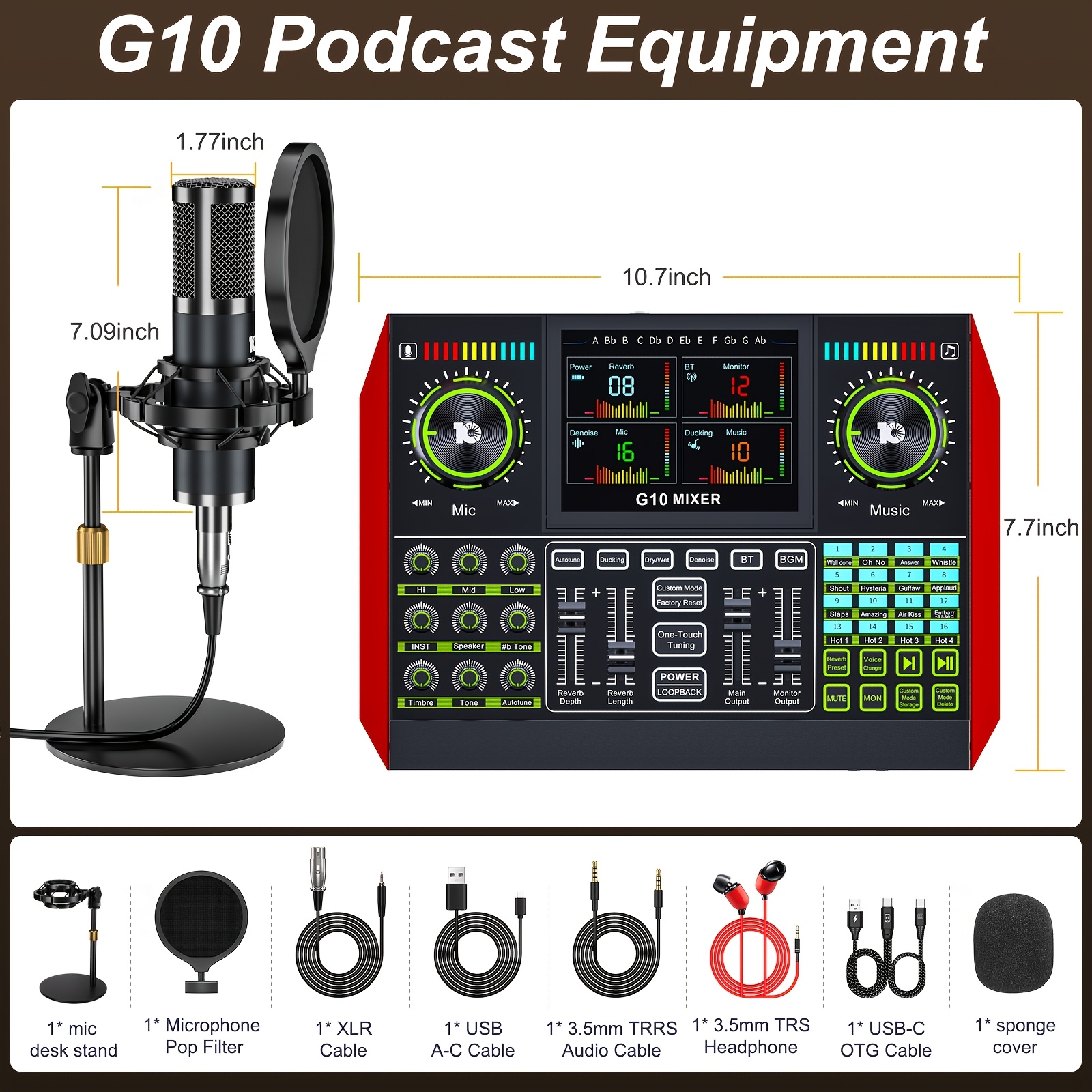 TEMU Kit de matériel de podcast Tenlamp Audio Mixer, ensemble de carte son pour en direct avec microphone à condensateur 3,5 mm et module d' sonores,