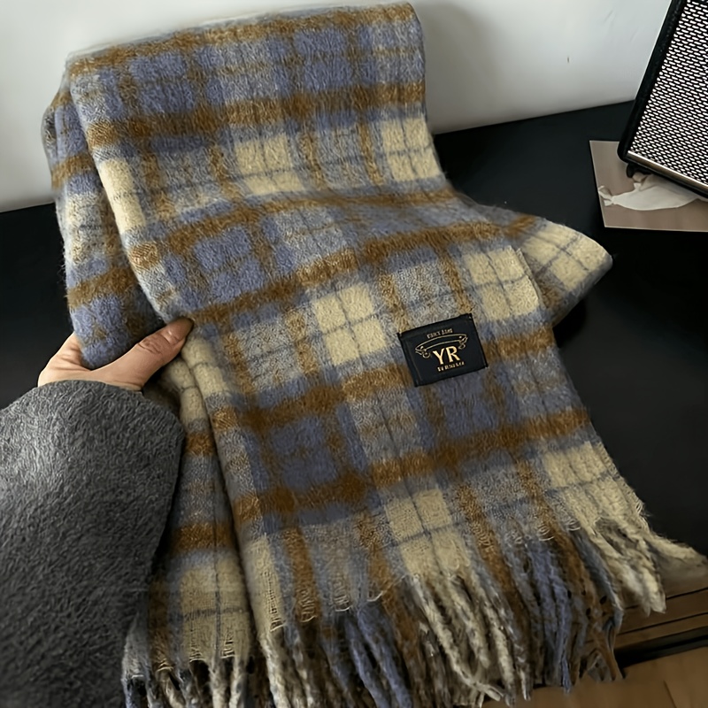 TEMU Blue-brown Autumn Winter New Korean -skinned Check Scarf Women' Warm Neck Scarf Shawl