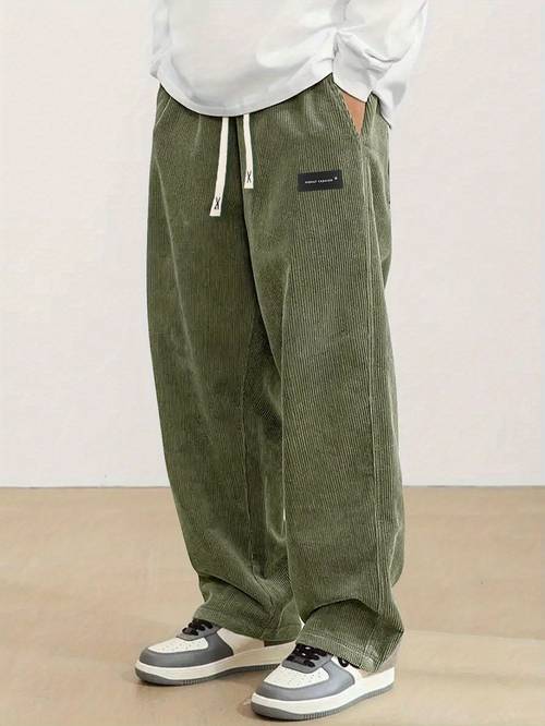 mens corduroy straight leg long pants with drawstring elastic waist for spring and autumn casual and sporty pants for daily wear leisure and hiking