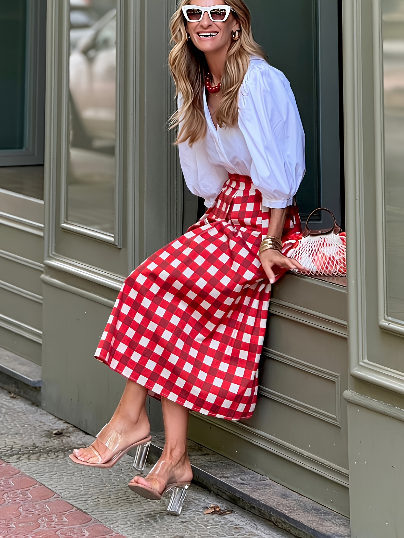 Red Summer Midi Skirt Elegant High-Waist A-Line Midi Skirt
