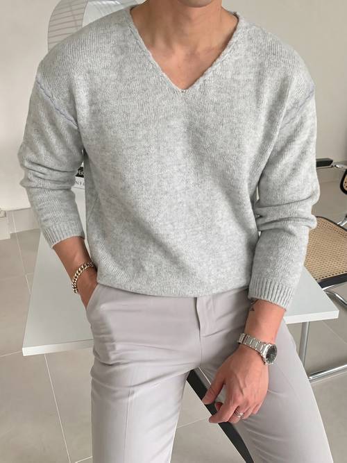 Artikelbild taupe freizeit-strickpullover, herren v-ausschnitt pullover mit gesenktem schulterpas und lockerer passform, pendlerpullover, winterkleidung für herren