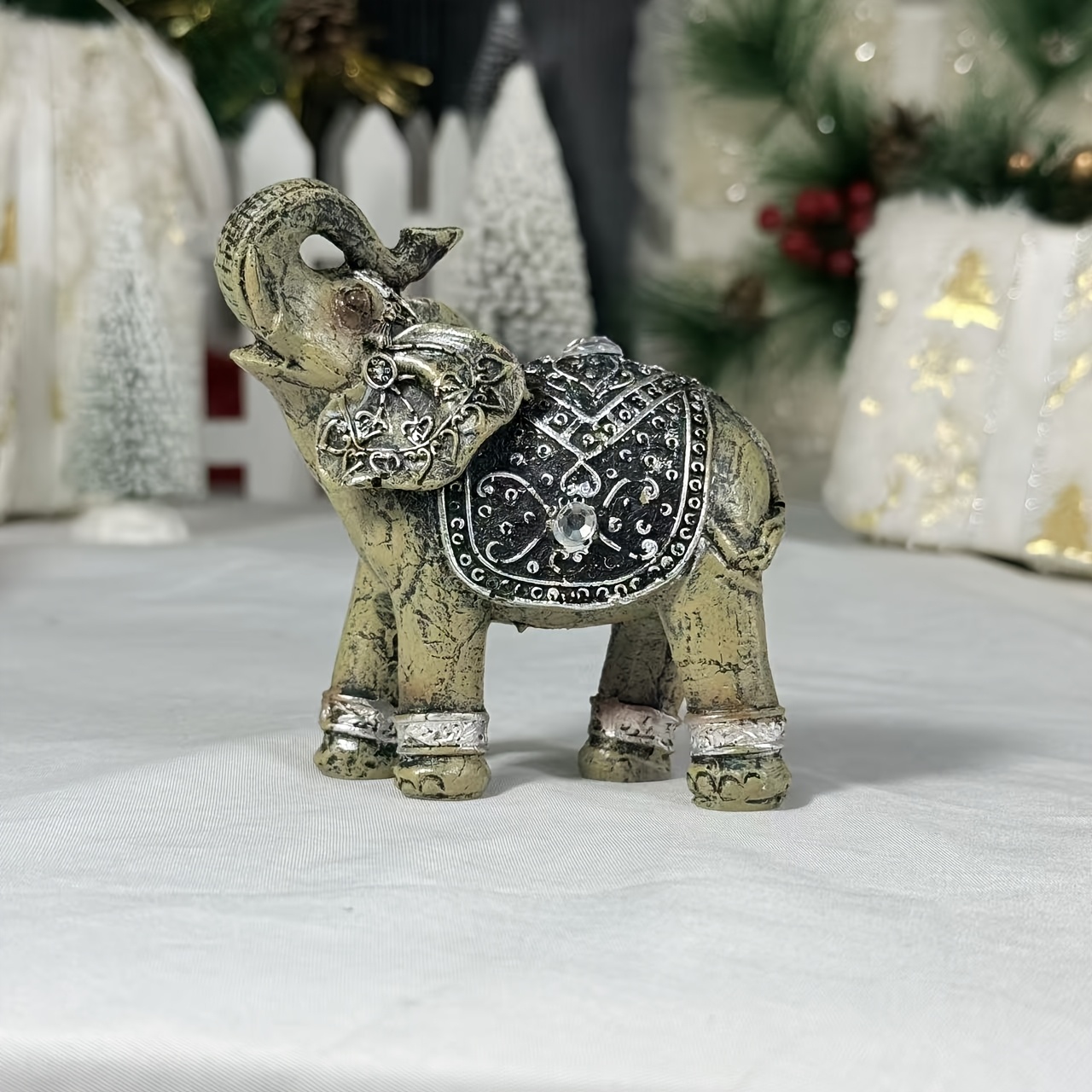 TEMU 1pc Retro Silvery Elephant Statue, Resin Elephant Sculpture With Relief Pattern, Home Decor And Ornament For Living Room, Office Desk Shelf,