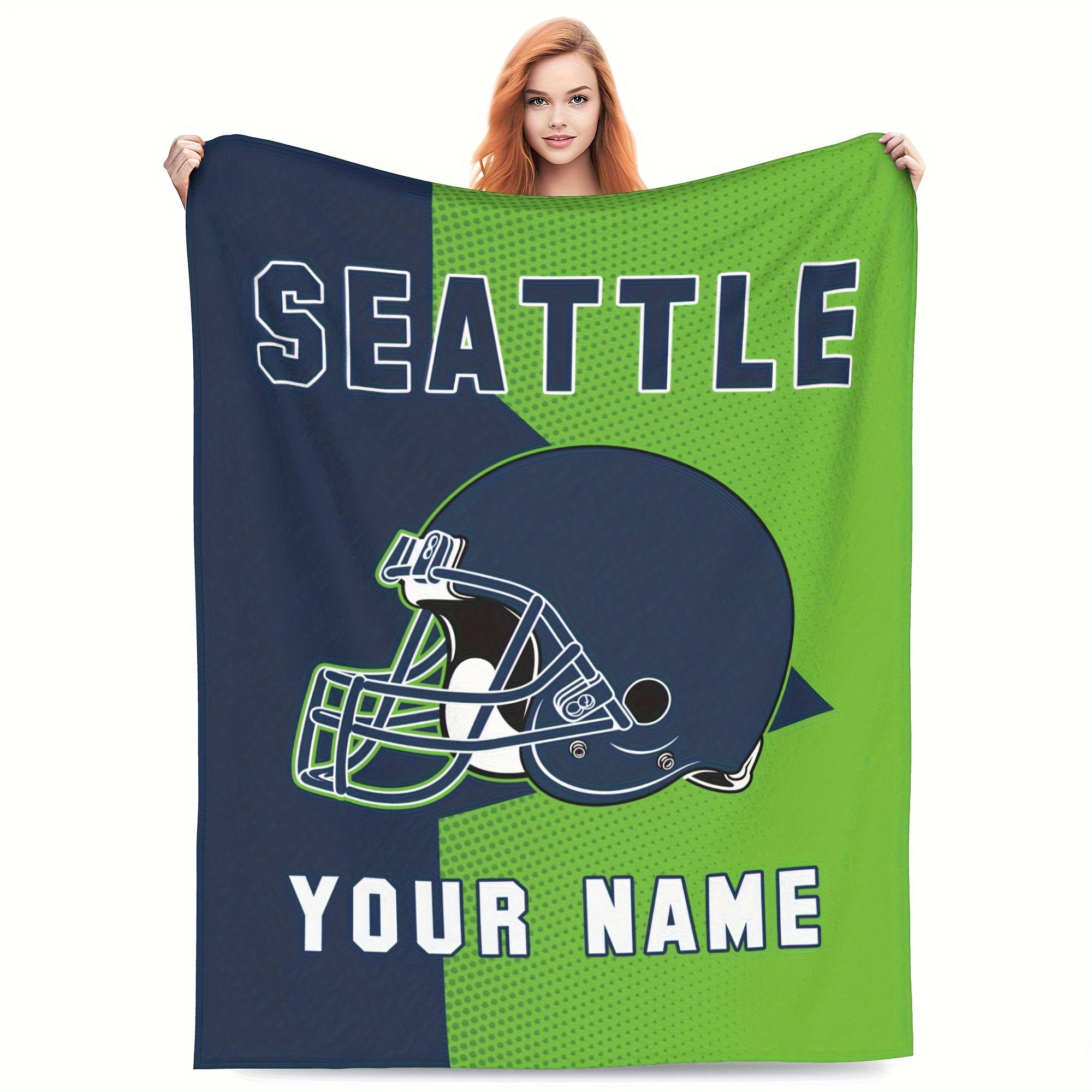 

1pc Customizable Seattle Football Fleece Blanket - Personalized Name Text, Ideal Gift For Fans & Players, Polyester, Rectangular, Knitted, No Power Needed, Home Sofa Bed Decor