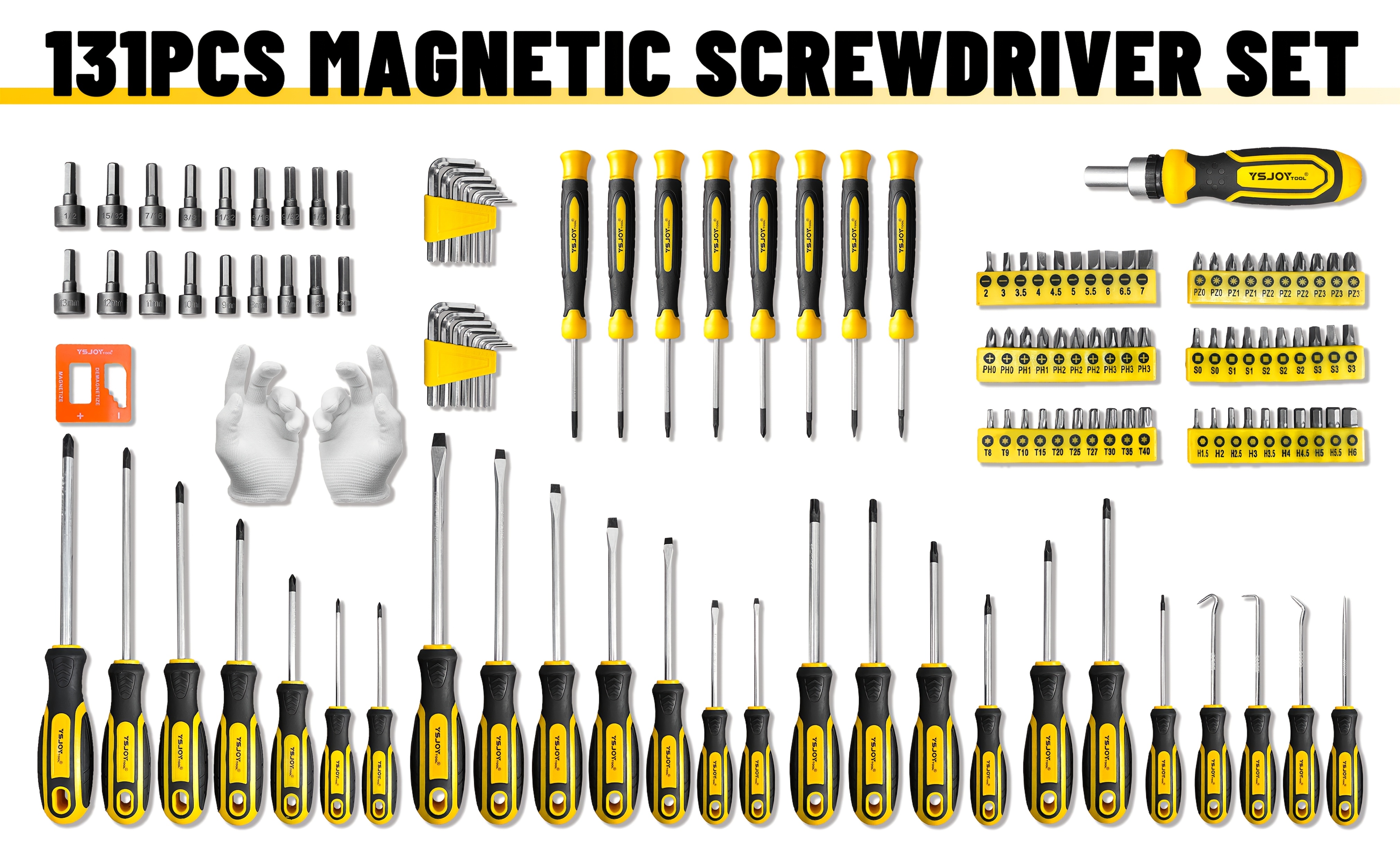 53/121/130 Pcs Magnetic Screwdriver Set, Chrome Vanadium Steel, Multi-Size, Hex Wrench, Flat & Hex Head, Non-Slip Handles, with Storage Rack & Magnetic Bowl,gloves,nail Puller,Screw, DIY Tools for Men Tools Gift