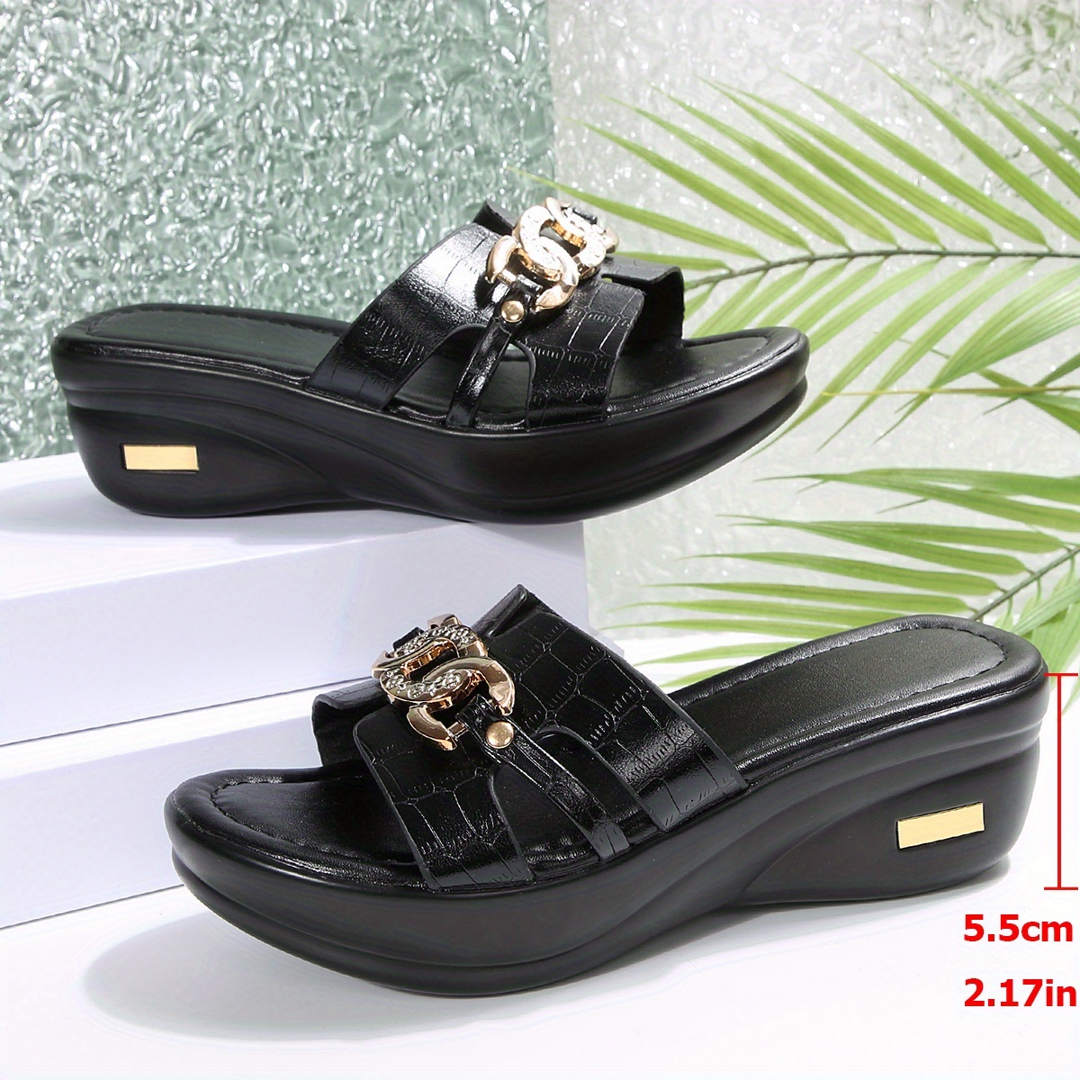 Women'S Black Platform Sandals with Golden Buckle, Slip-On, Open-Toe Casual Shoes for Summer, All-Season Comfort, Casual Footwear | Elegant Sandal | Durable Footwear