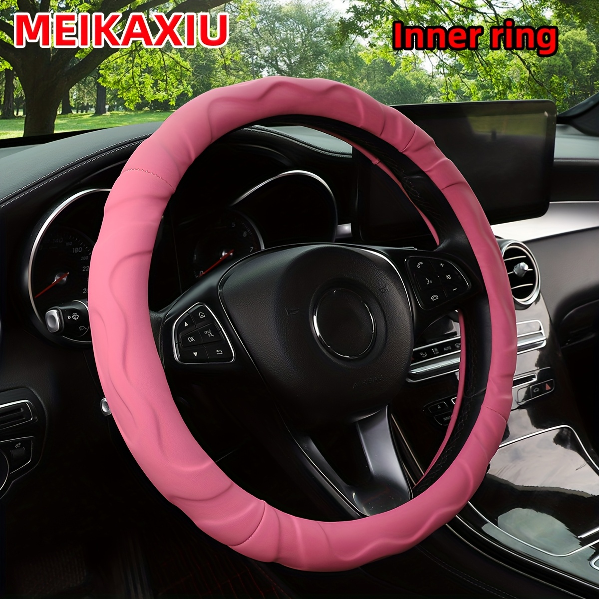 1 Artificial Sheepskin PU Leather Textured 3D Design Sports Car Steering Wheel Cover, Suitable for 14.5-15 Inch (37-38cm) Vehicles