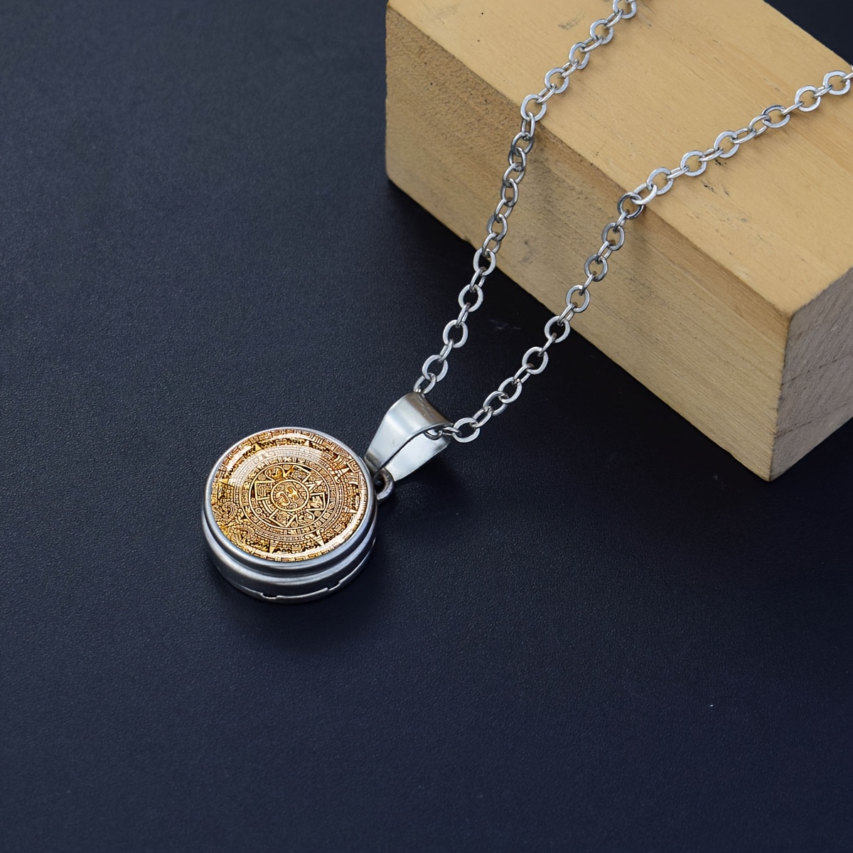 Mayan Calendar Pattern Dome Glass Button Style Necklace