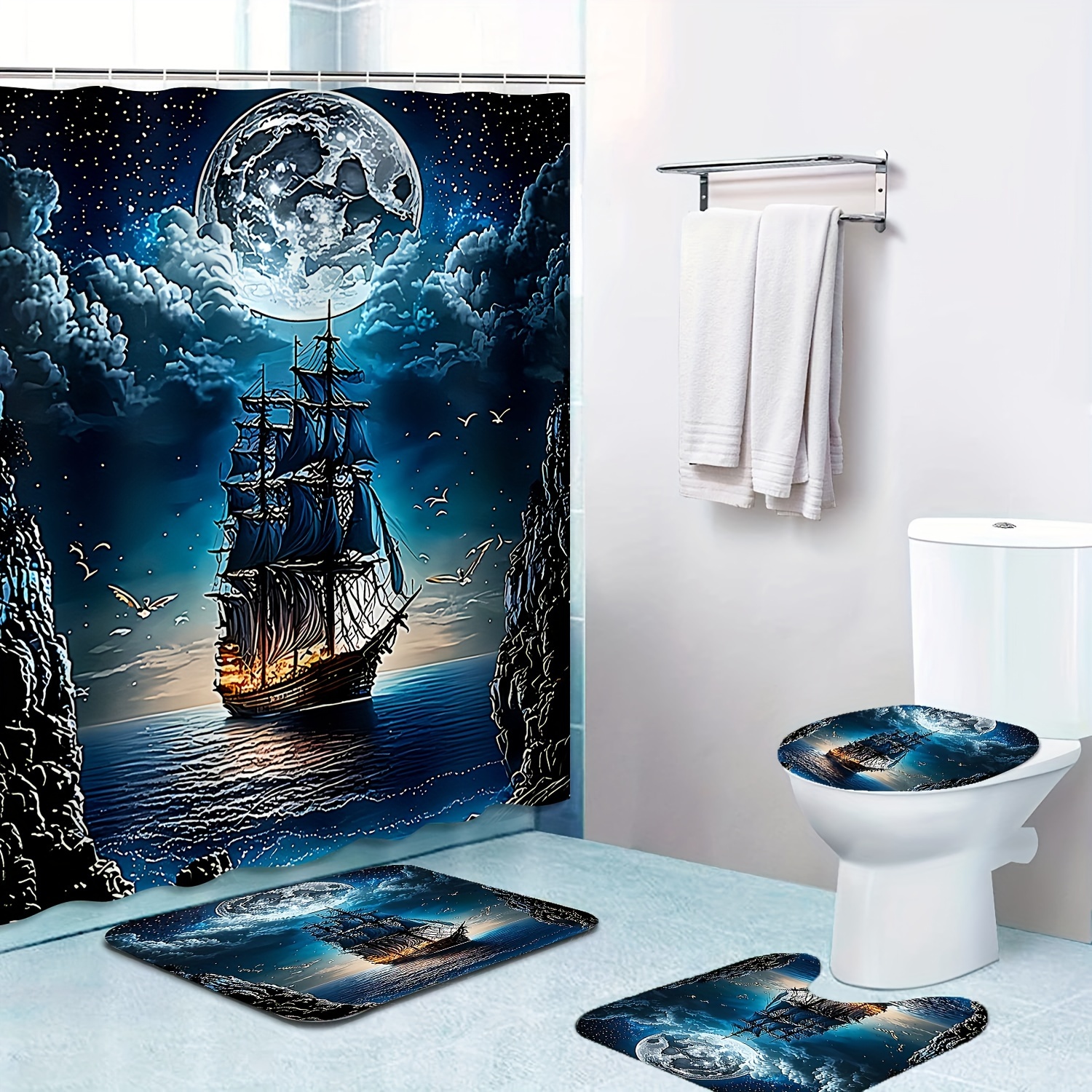 

1/4pcs Moon Ship Print Shower Curtain Set, Shower Curtain With 12 Hooks, Non-slip Bathroom Rug, Toilet U-shape Mat, Toilet Lid Cover Pad, Bathroom Decor, Shower Curtain Sets For Bathrooms