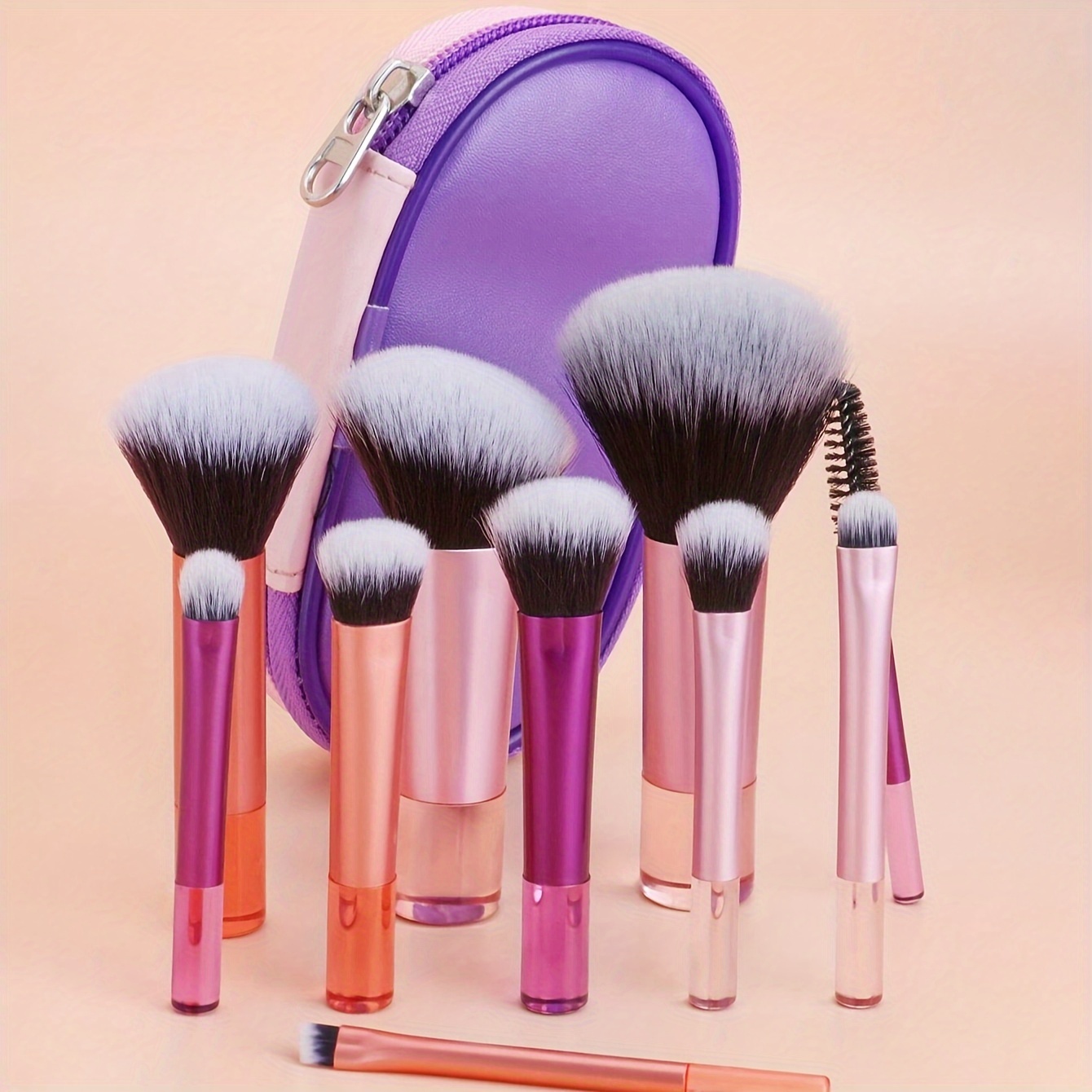 TEMU 10-piece Portable Travel Makeup Brush Set With Nylon Bristles, Unscented Wand Brushes For All Skin Types, Includes Blush, Powder, Eyeshadow, Mascara, Eyebrow, And Blending Brushes In Carrying Case