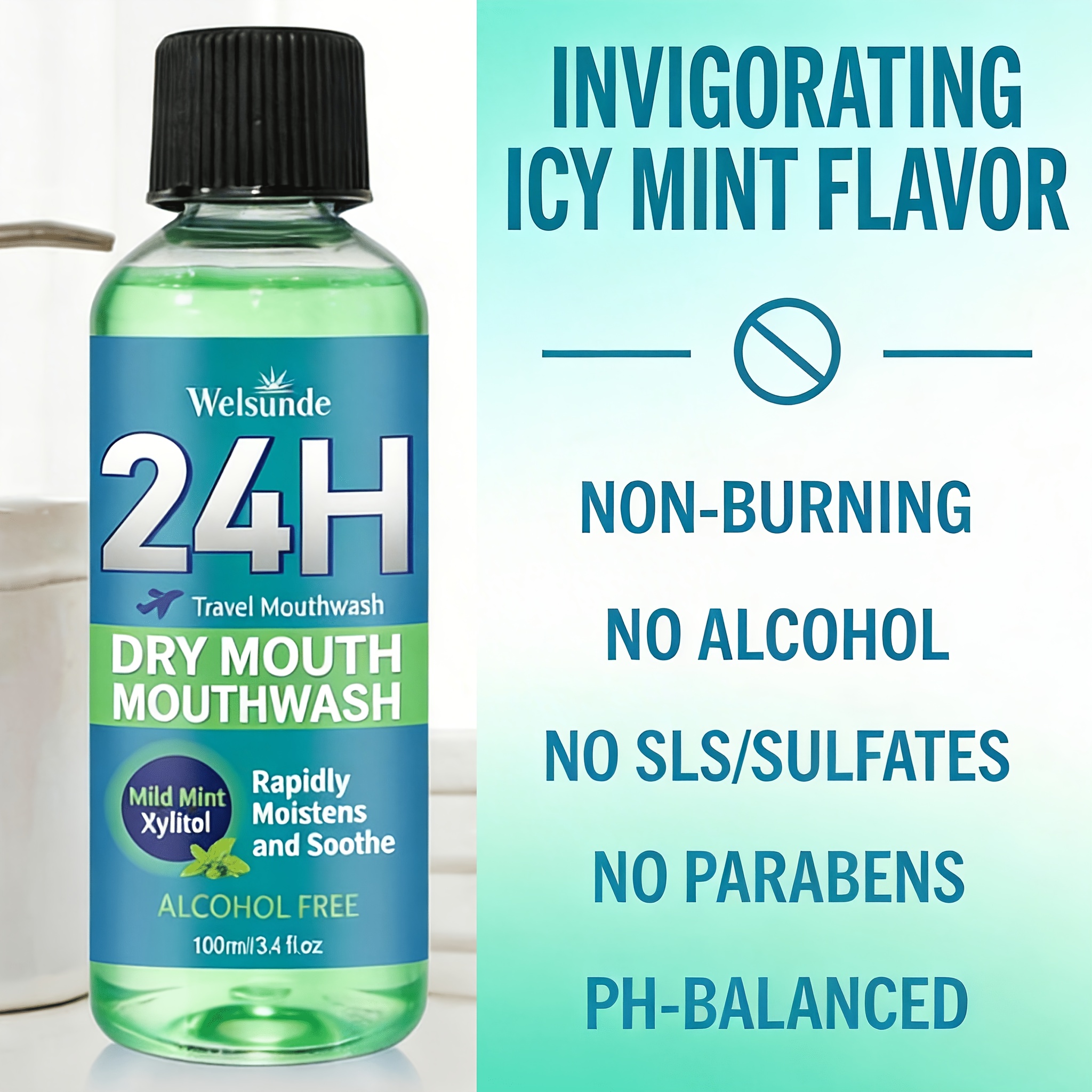 24H Dry Mouth Mouthwash - Rapidly Moistens And Soothes with a Minty Taste, Contains Xylitol, Helps Maintain Oral Comfort, Long-Lasting Oral Comfort, Travel Mouthwash, No Oral Irritation, Natural Ingredients for Daily Oral Care, Suitable for Everyone