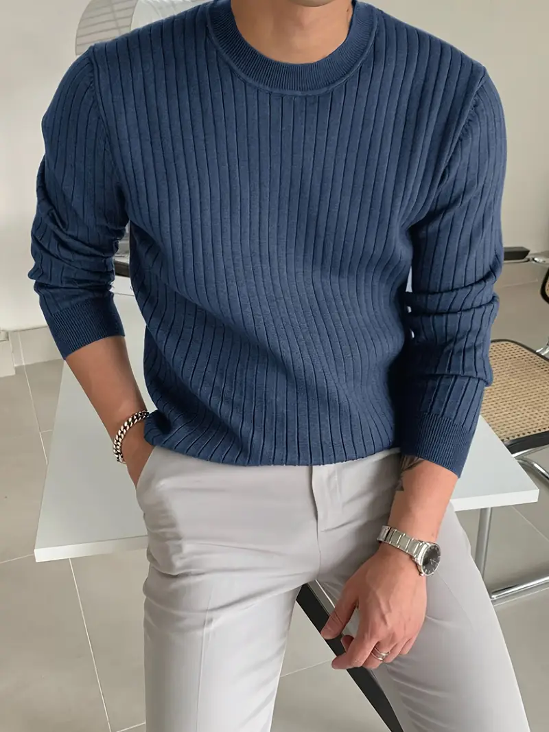 mens fashion casual crew neck long sleeve knit sweater regular fit ribbed pullover tops for spring and fall details 10