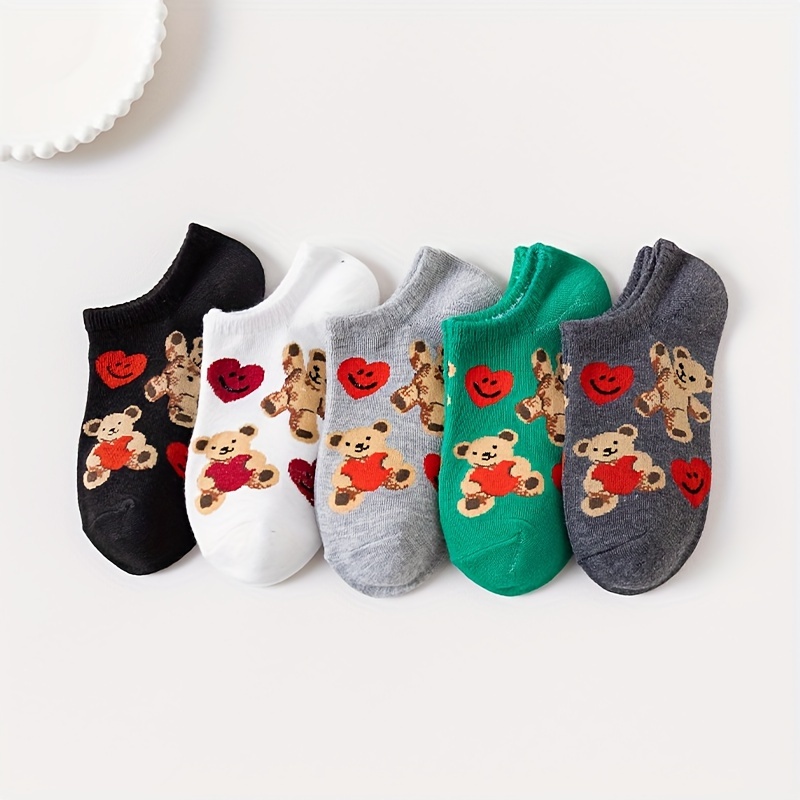 

5 Pairs Cartoon Bear & Heart Socks, Cute College Style Low Cut Ankle Socks, Women's Stockings & Hosiery