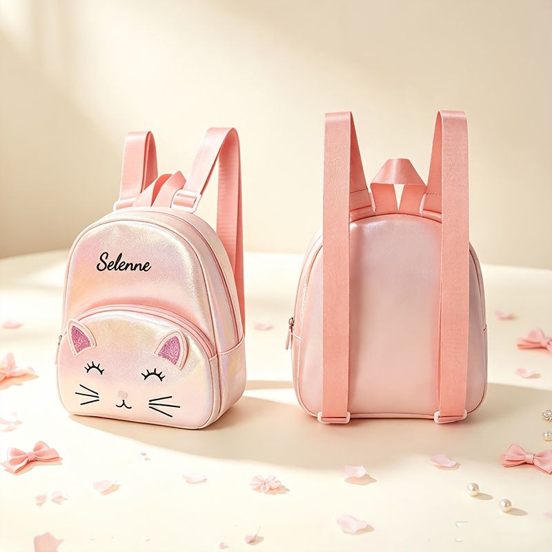 TEMU Custom Embroidery Pink Pu Cat Backpack, Adjustable Straps, Multi-compartment Design, Personalized Name Customization, Suitable For Outdoor