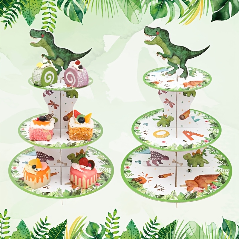 

2-pack Dinosaur Themed 3-tier Paper Cupcake Stand, Multi-occasion Party Decoration, No Electricity Needed, Featherless, For Birthday And Baby Shower Displays