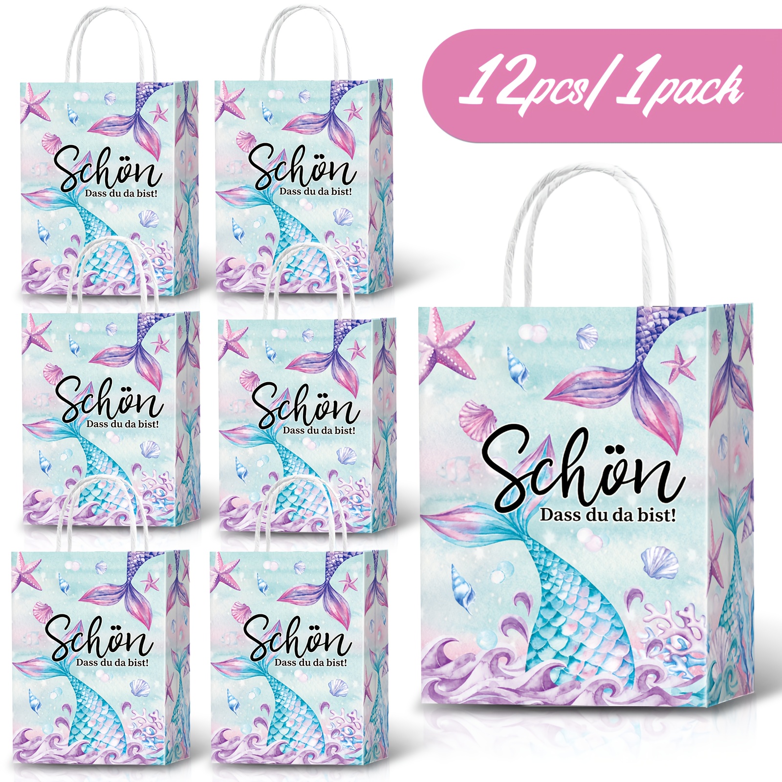 E-shop 12 Stk. Lila Meerjungfrau-Handtasche, Geschenktüte mit bedrucktem Muster lila Schönheitsschwanzes, verdickte Kraftpapiertüte, Geschenktüte für