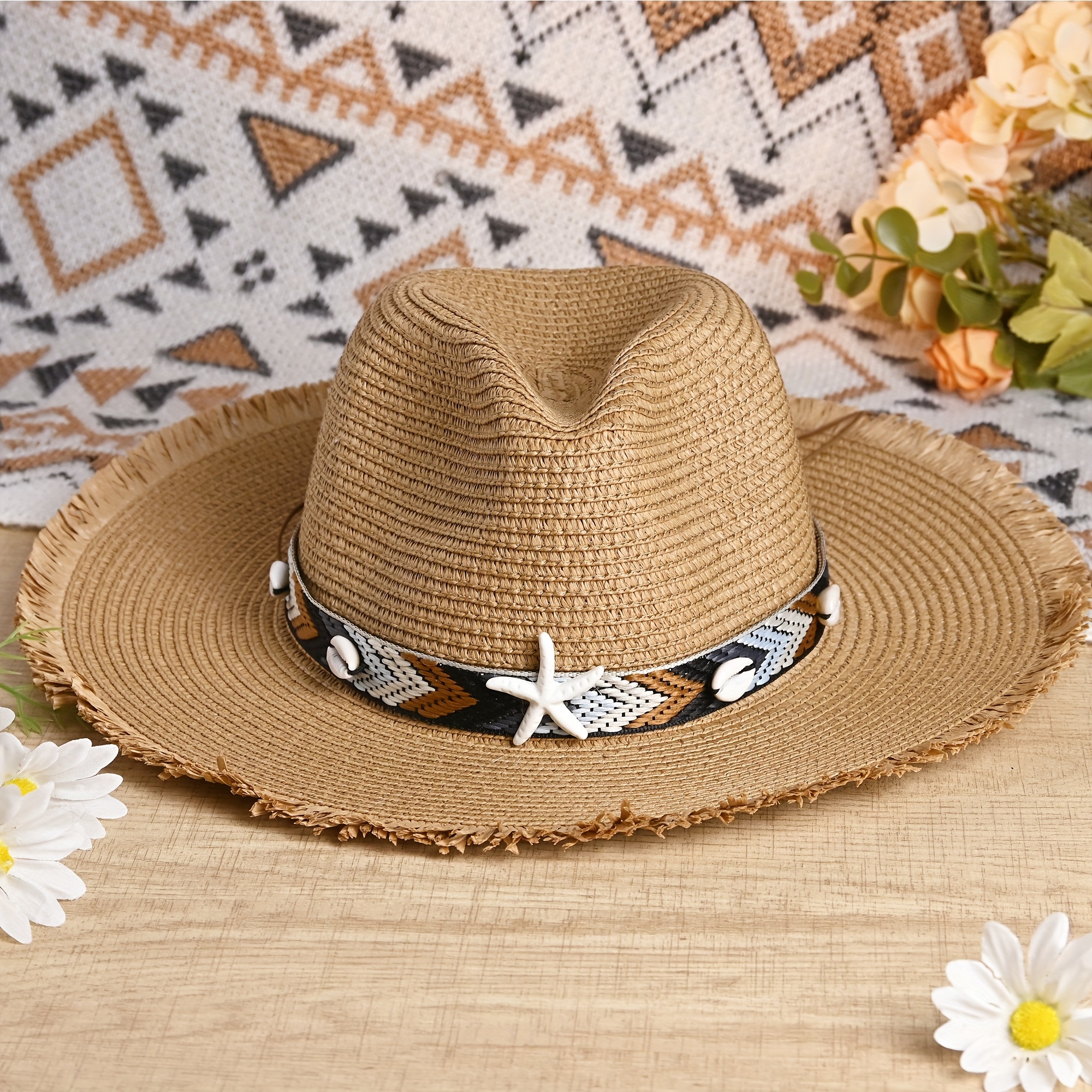 stylish frayed edge straw hat decorations wide brim Temu United