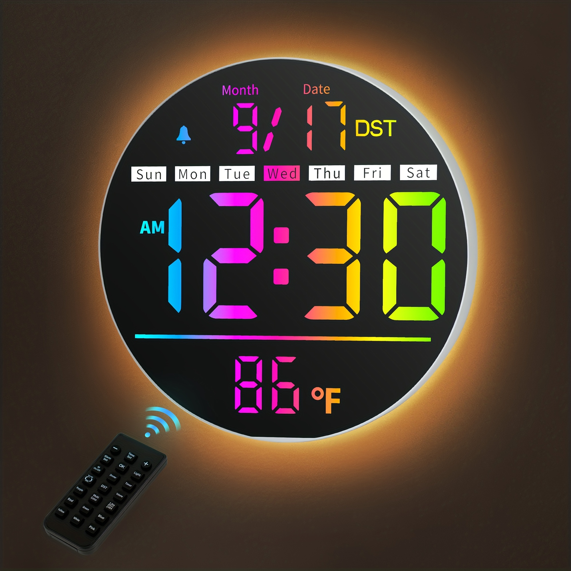 Digital Wall Clock 8" Led Display, Round Wall Clock With 11 Rgb Color Display, Remote Control, Brightness Adjustment, Dst, Timer, Temperature, Alarm, Nightlight For Classroom, Office, Gym