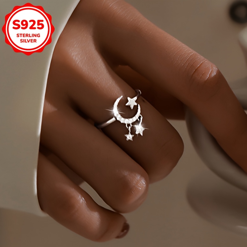 

A Fashionable And Ring For Women With A Design Sense Inlaid With Zirconia Stars And Moon, Fashionable And Elegant 925 Silvery 2.5g, Suitable For Daily Vacation, Valentine's Day, Day, And Gift