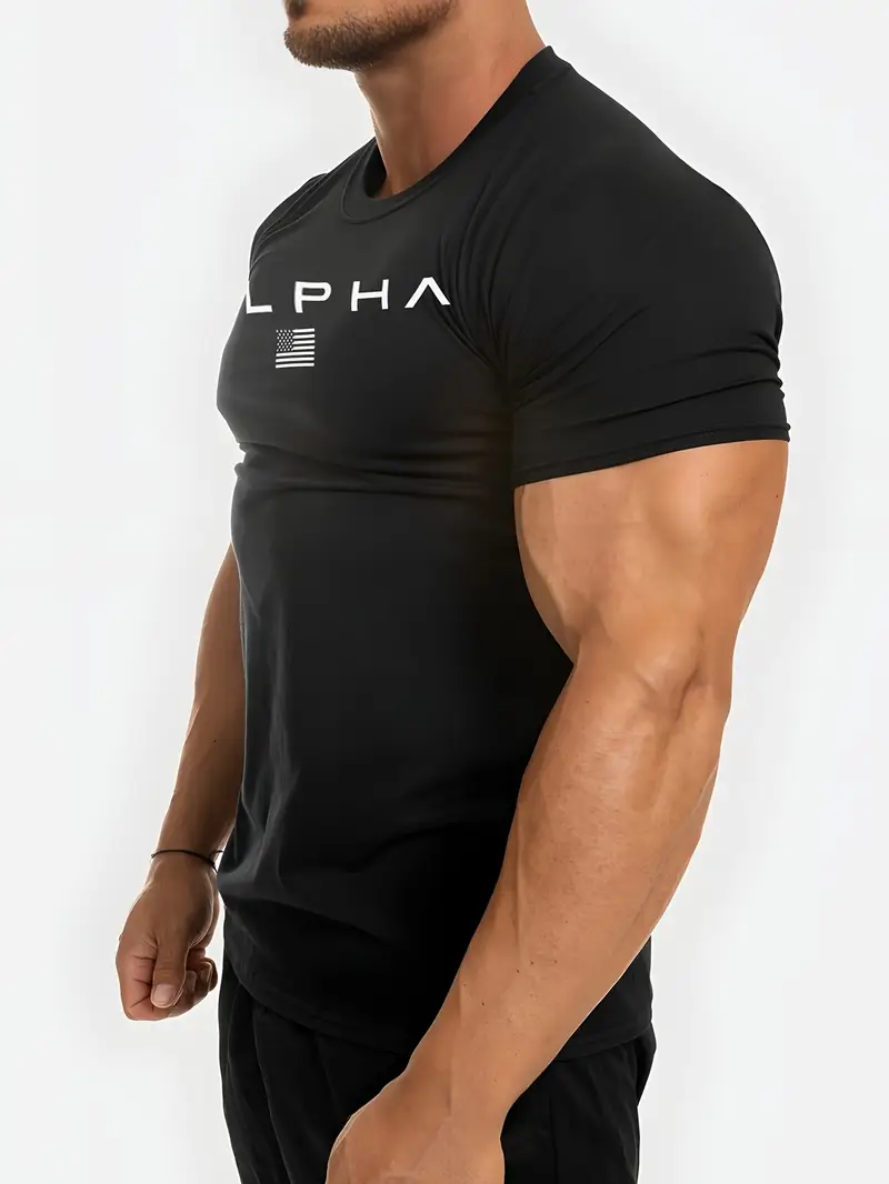 mens athletic crew neck t shirt quick dry polyester knit fabric short sleeve alphabet print skinny fit casual sports top for spring summer polyester 180gsm details 17