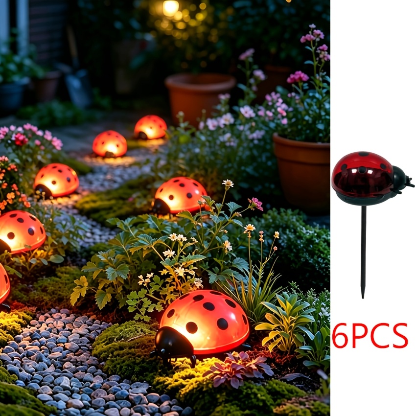 TEMU Lot de 6 lampes de pelouse à de coccinelle rouge de simulation, à solaire, pour pelouses, cours, , couloirs, escaliers, aménagement paysager,