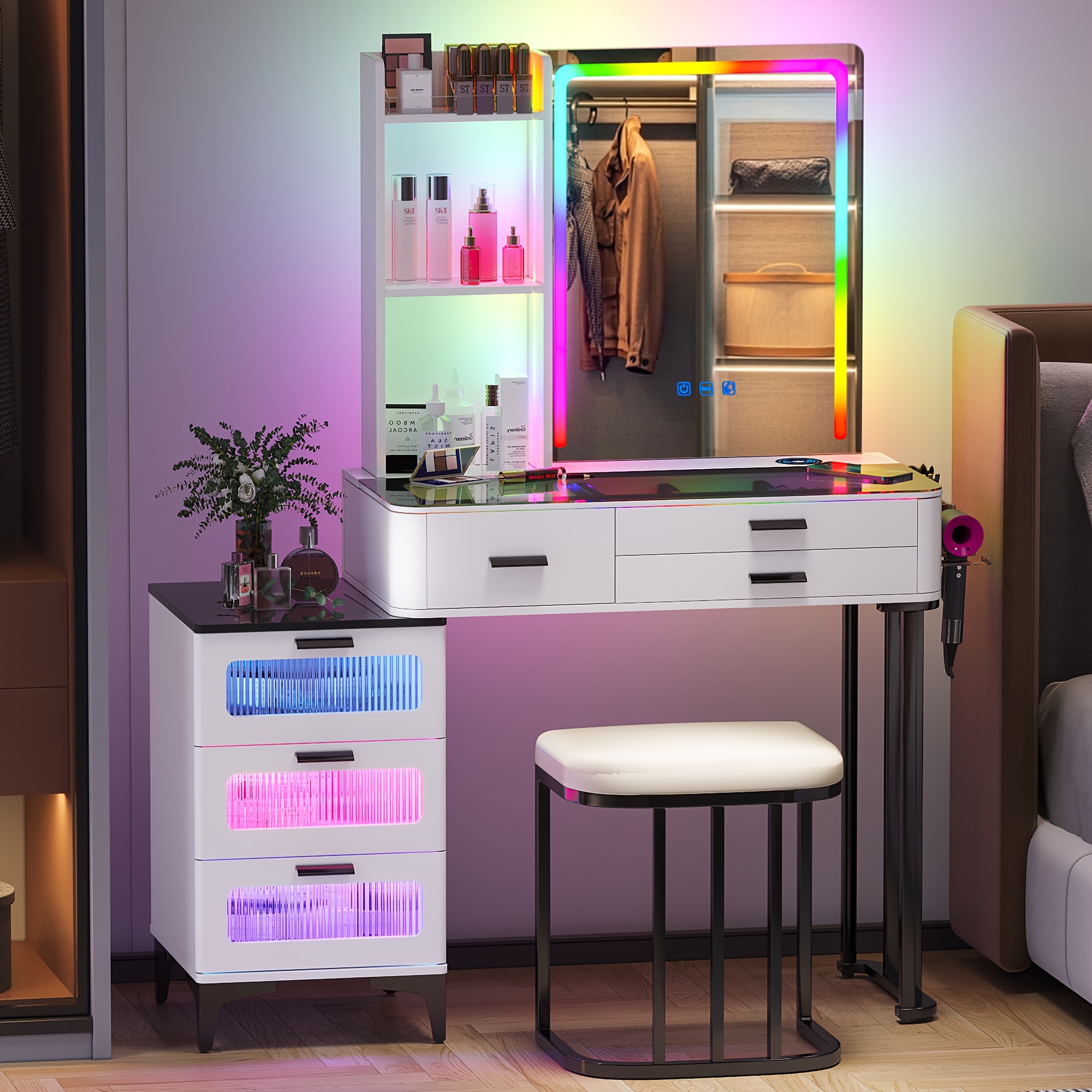 

Gurexl Rgb Makeup Vanity Set, Dressing Table With 24 Color Lighting Options, Makeup Vanity Desk Table With 6-drawer Chest, Glass Tabletop & Cushioned Stool