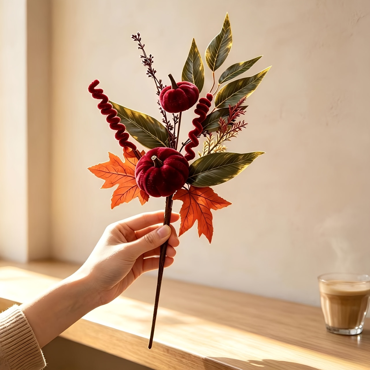 TEMU 1pc Faux Velvet Simulation Plant Simulation Flower Autumn Maple Leaf Spiral Roll Grass Faux Flower Plant, Thanksgiving, Halloween Home Desktop