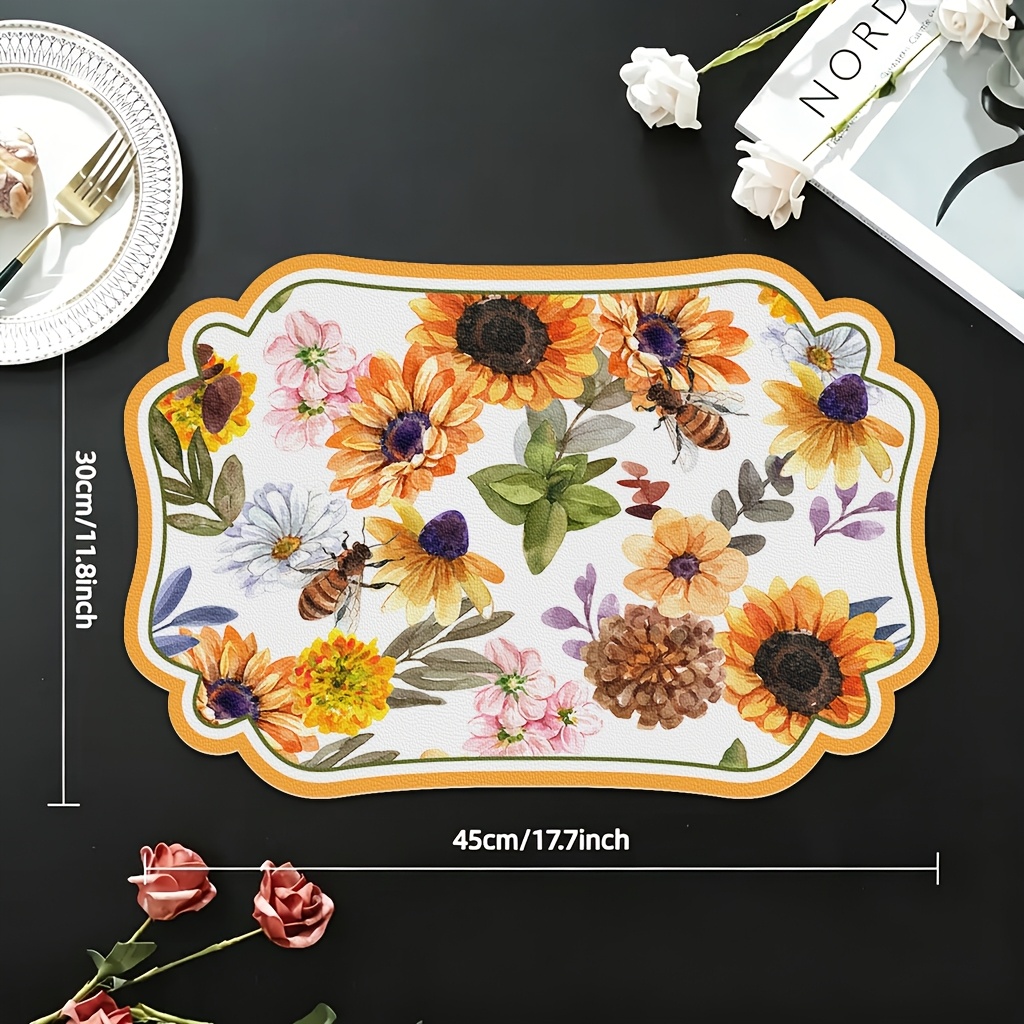TEMU Advanced Retro Shaped Pu Placematwatercolor Floral Placemat, Vintage With Sunflowers And Bees, Heat-resistant, Easy-clean Table Mat For Dining