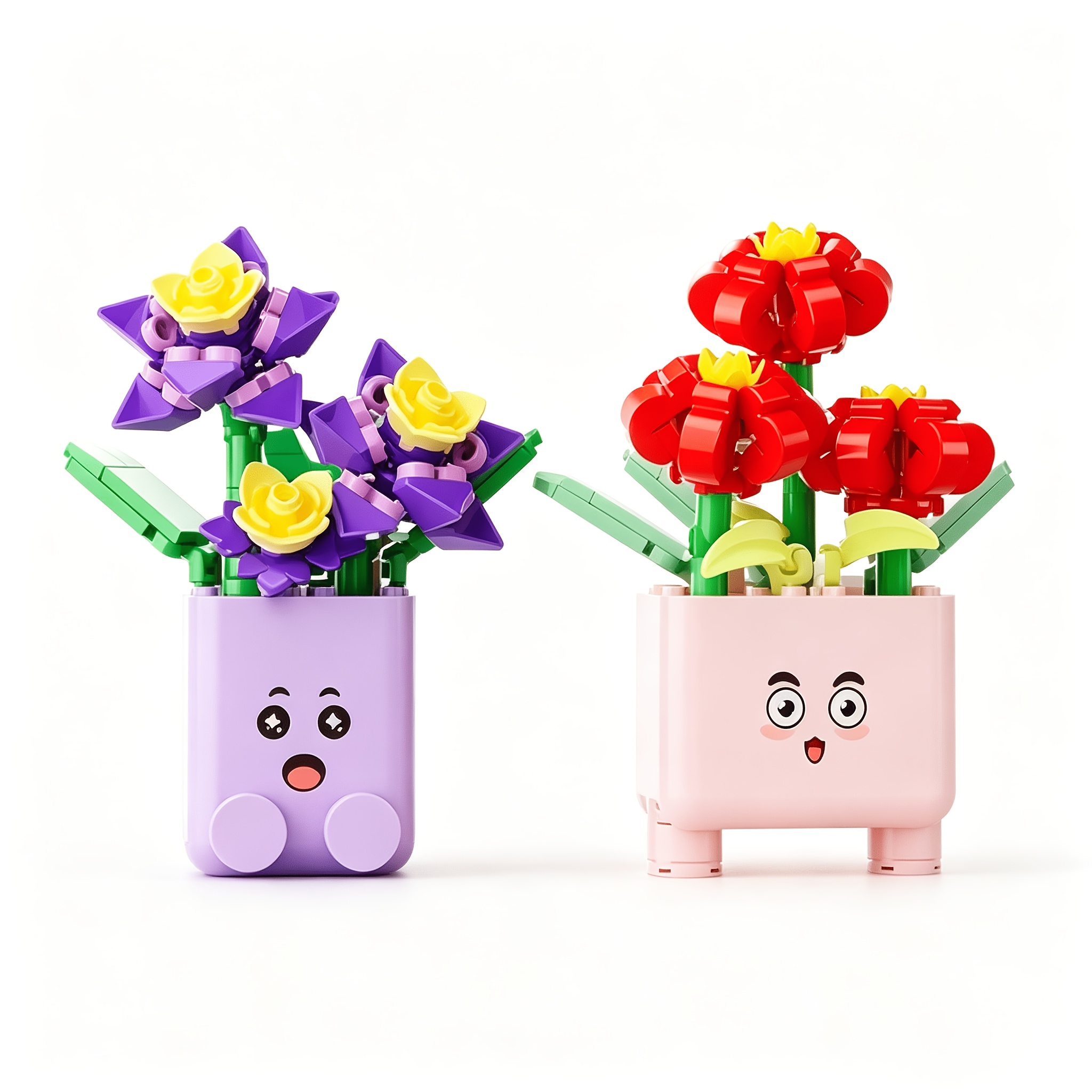 TEMU 182pcs Cute Face Flower Pot Interlocking Building Blocks Playset Diy Colorful Tulip Bricks Table Display Decor Christmas Gift Halloween Present