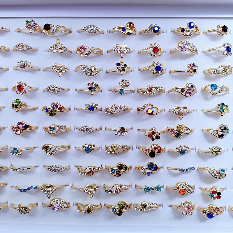 

25/50/100pcs Wholesale Colorful Crystal Mixed Rings Bulk Finger Band Ring Jewelry Lot, Inlaid Colorful Rhinestone Assorted Colors Stackable Rings 16-20mm Random