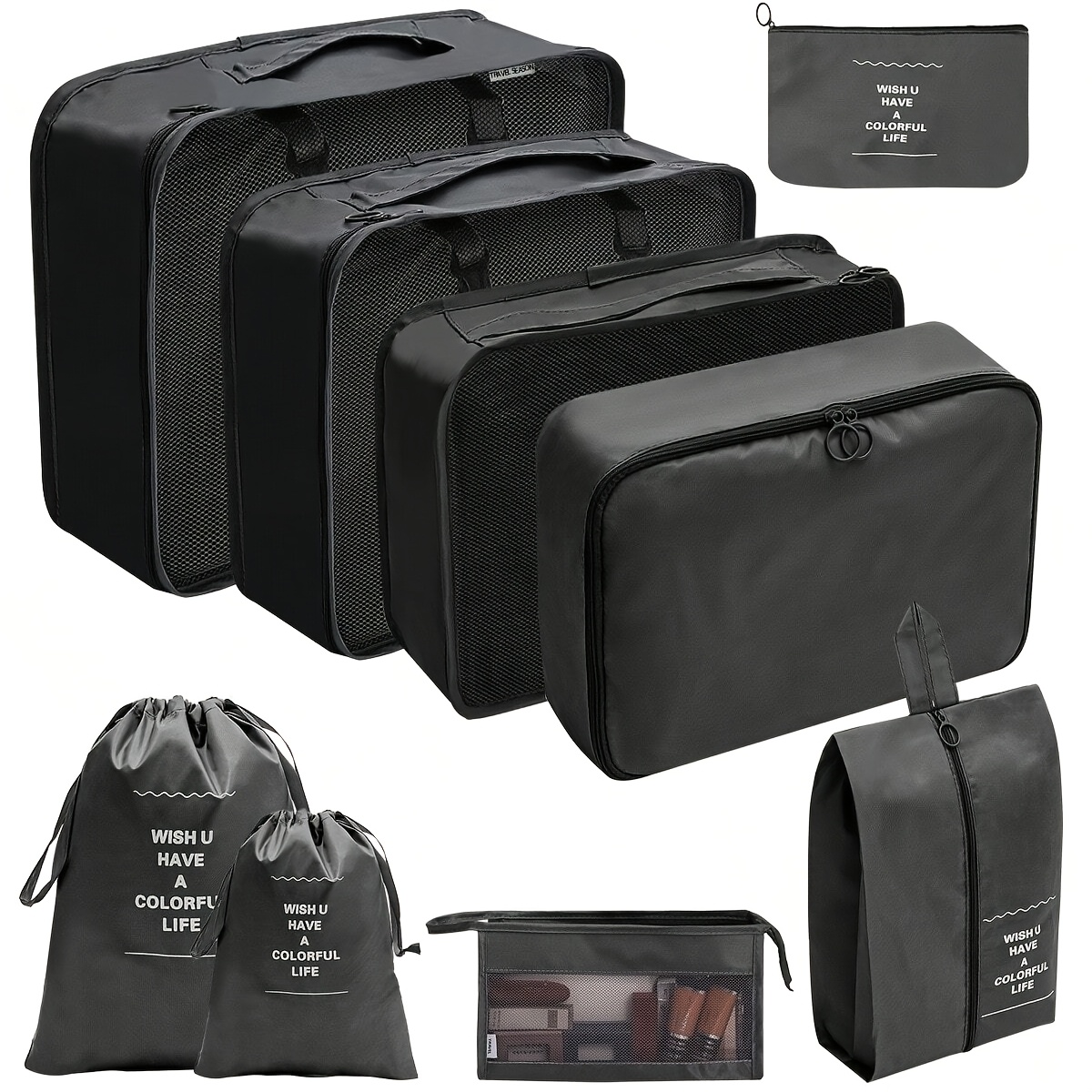 TEMU Travel Essentials 9pcs Digital Storage Bag Set | Laundry Organizer | Separates Wet And Dry Items | Must-have Organizer For Long-distance
