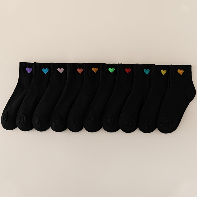 E-shop 10 Paar Damen-Socken in Schwarz mit buntem Herz-Aufdruck, modische trendige einfarbige, niedrig geschnittene, vielseitige Knöchelsocken für den