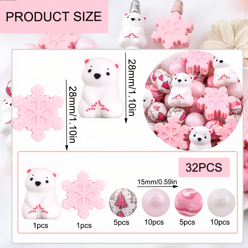 TEMU 32pcs Assortiment de perles focales en silicone, motif , de neige, rose et blanc, pour hiver, perles rondes imprimées avec sapin de Noël pour