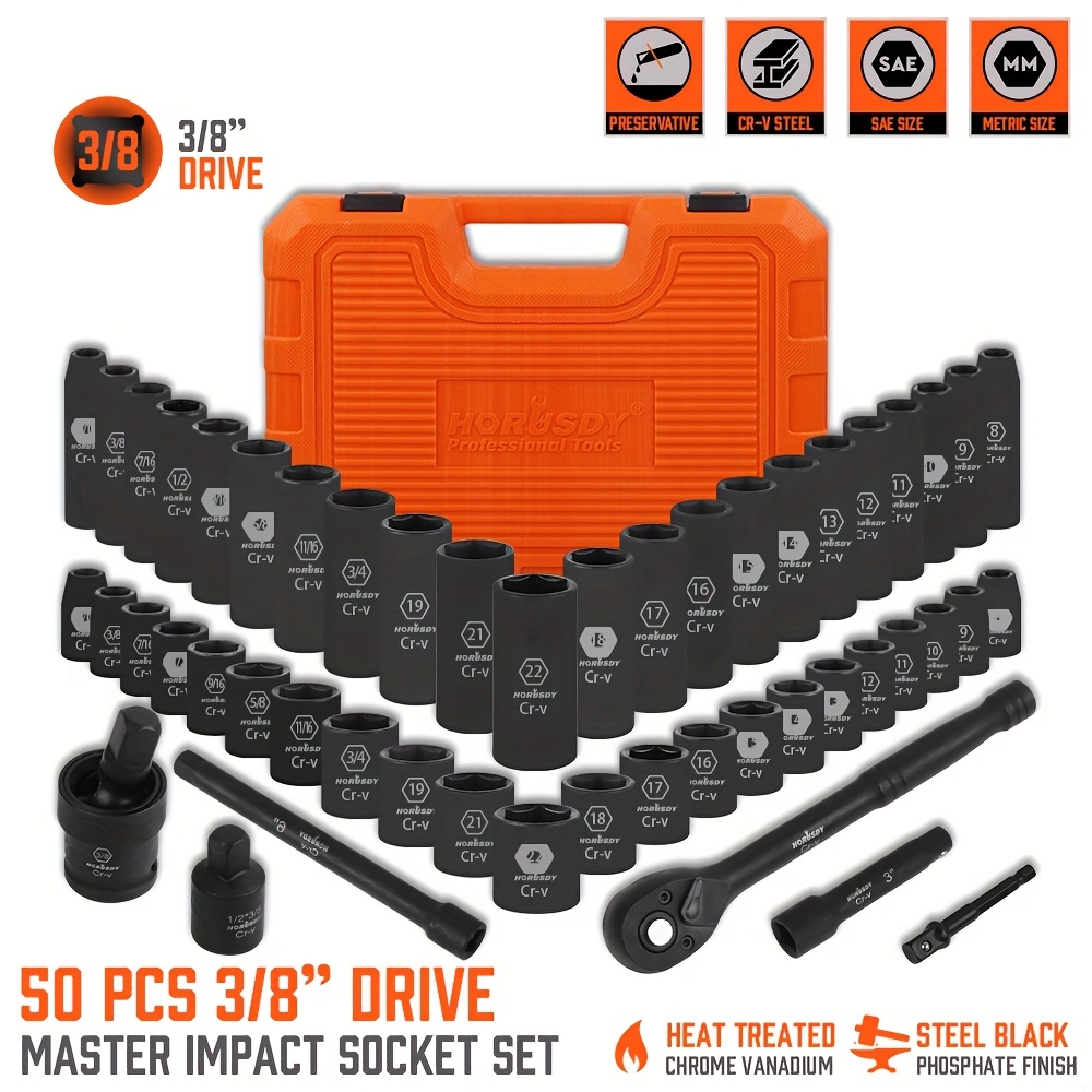 TEMU 50/ 56/ 66pcs Drive Impact Socket Set(1/4" / 3/8" / 1/2" ) - Shallow & Deep Socket Set Metric And Standard Full With Universal Joint, Extension