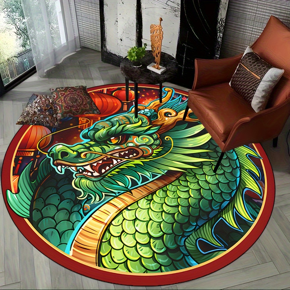 Bold Dragon Design Round Area Rug – 2200g/m² Density Polyester Fabric ...