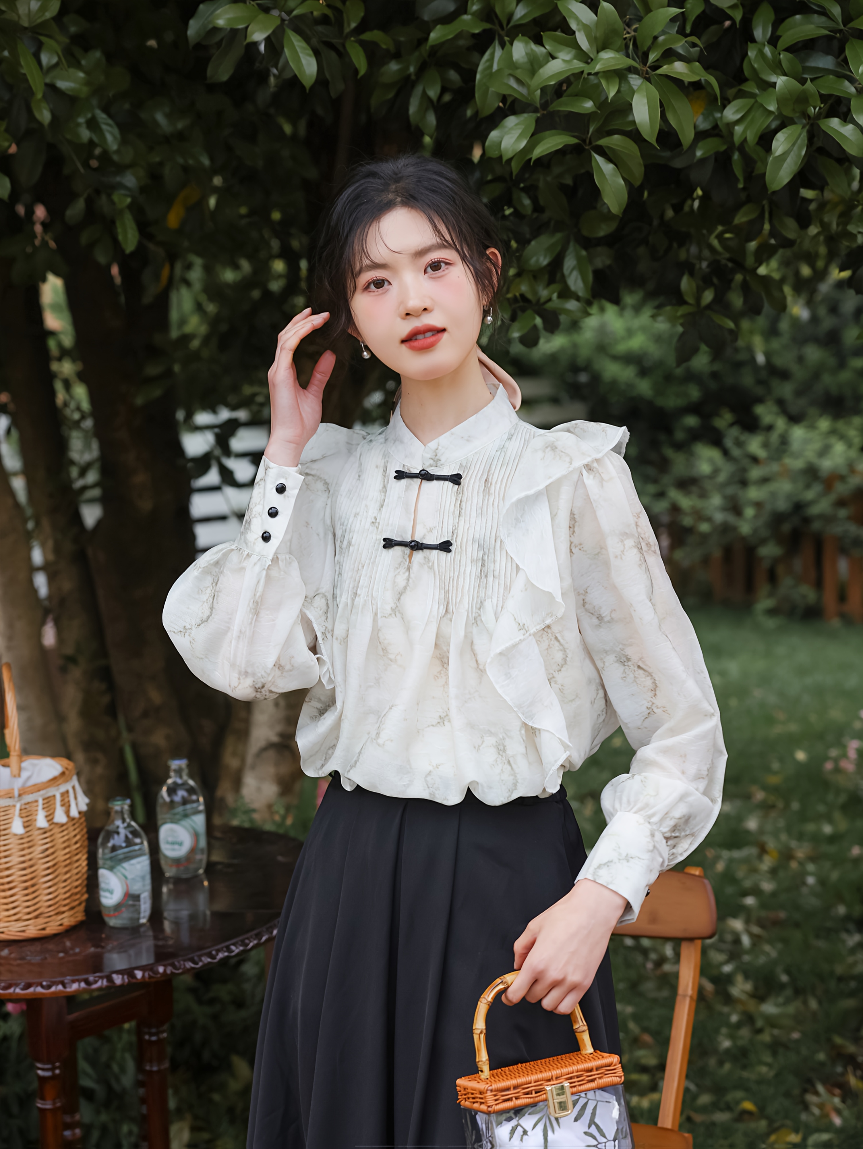 elegant womens red blouse black buttons stand collar wide Temu