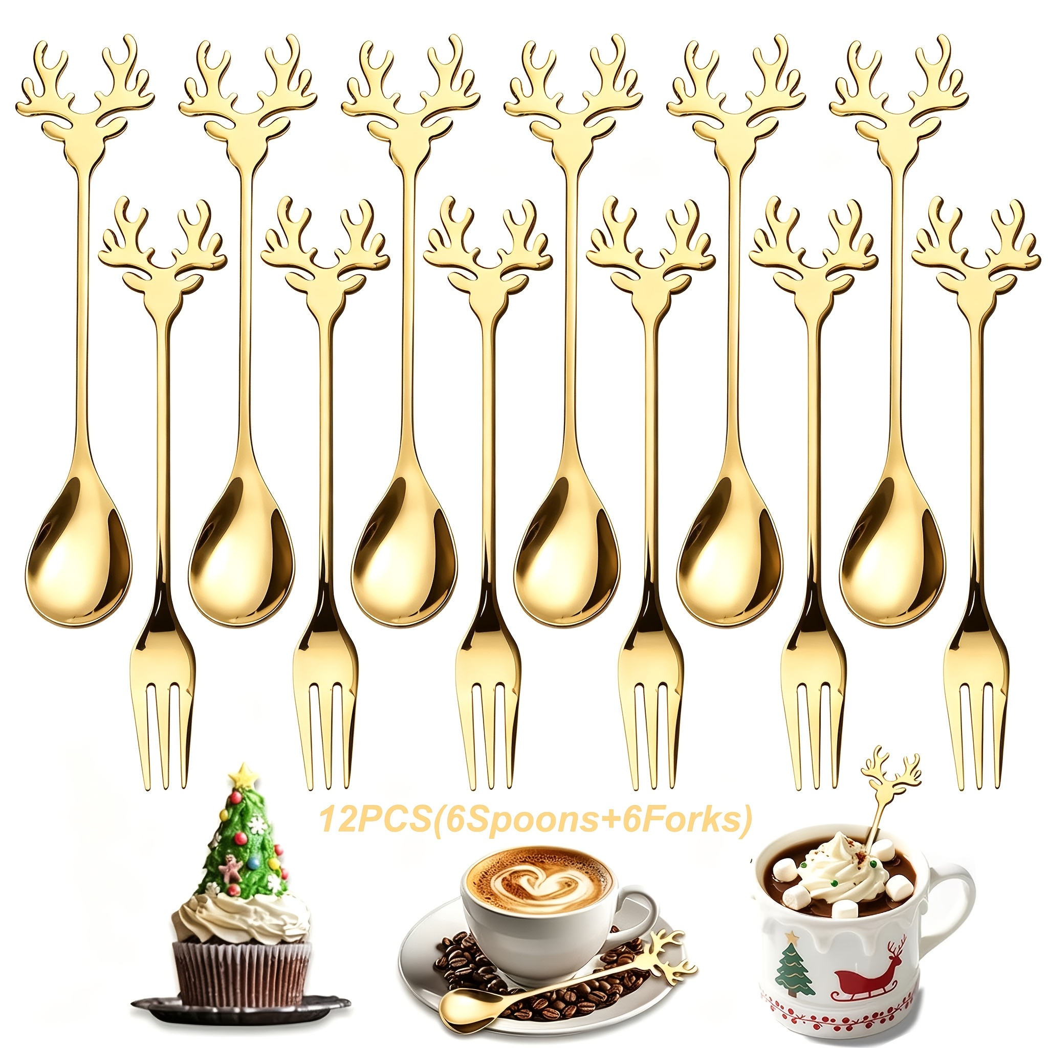 TEMU 12pcs (6 Coffee Spoons And 6 Fruit Forks) Reindeer-shaped High-quality Stainless Steel Dessert Spoon And Fork, Cute Ice Cream Spoon Stirring