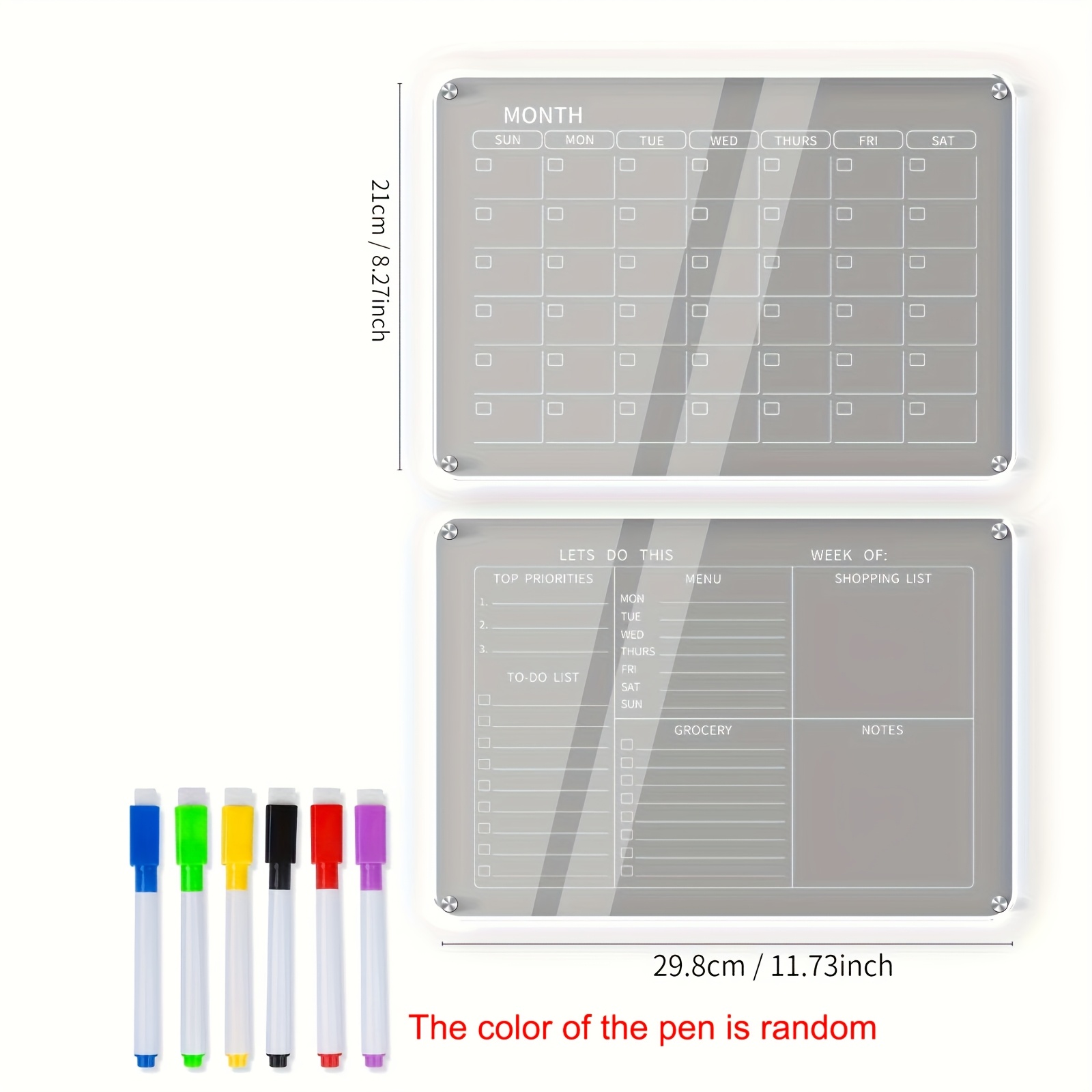 TEMU Acrylic Magnetic Monthly Weekly Calendar For Refrigerator, 2 Sets Of Transparent Magnetic Dry Erase Whiteboard Calendars With 6 Random Color