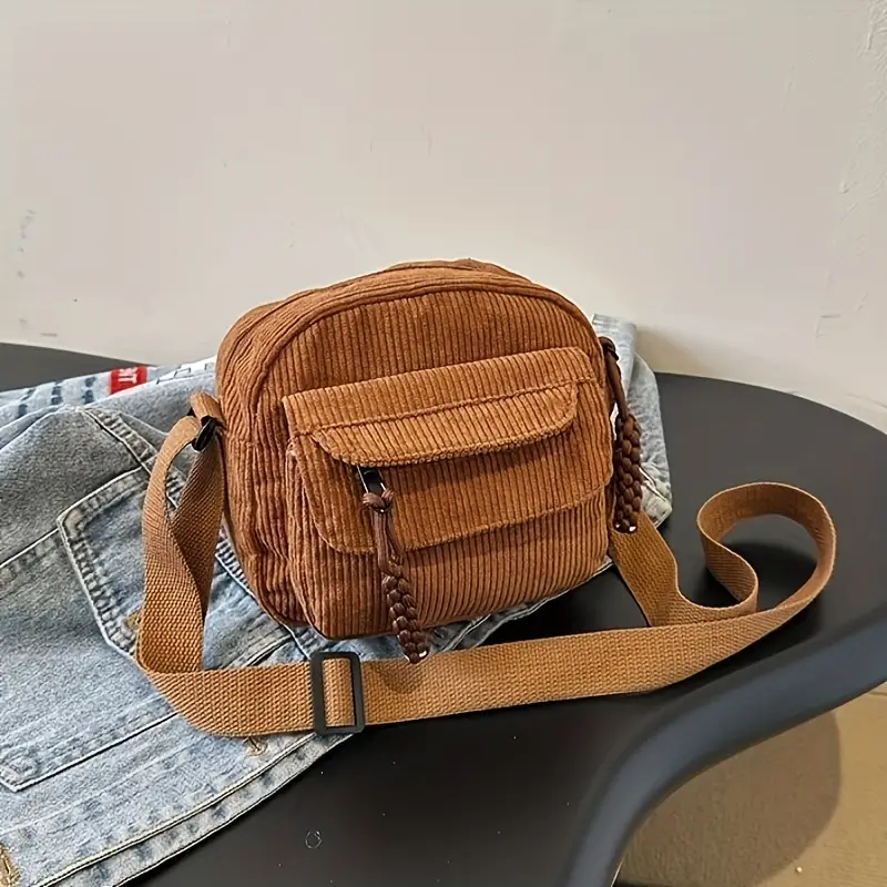 a42 an elegant womens versatile small square bag corduroy material in four colors versatile bag shoulder bag adjustable strap zipper closure suitable for school and work Product details 5