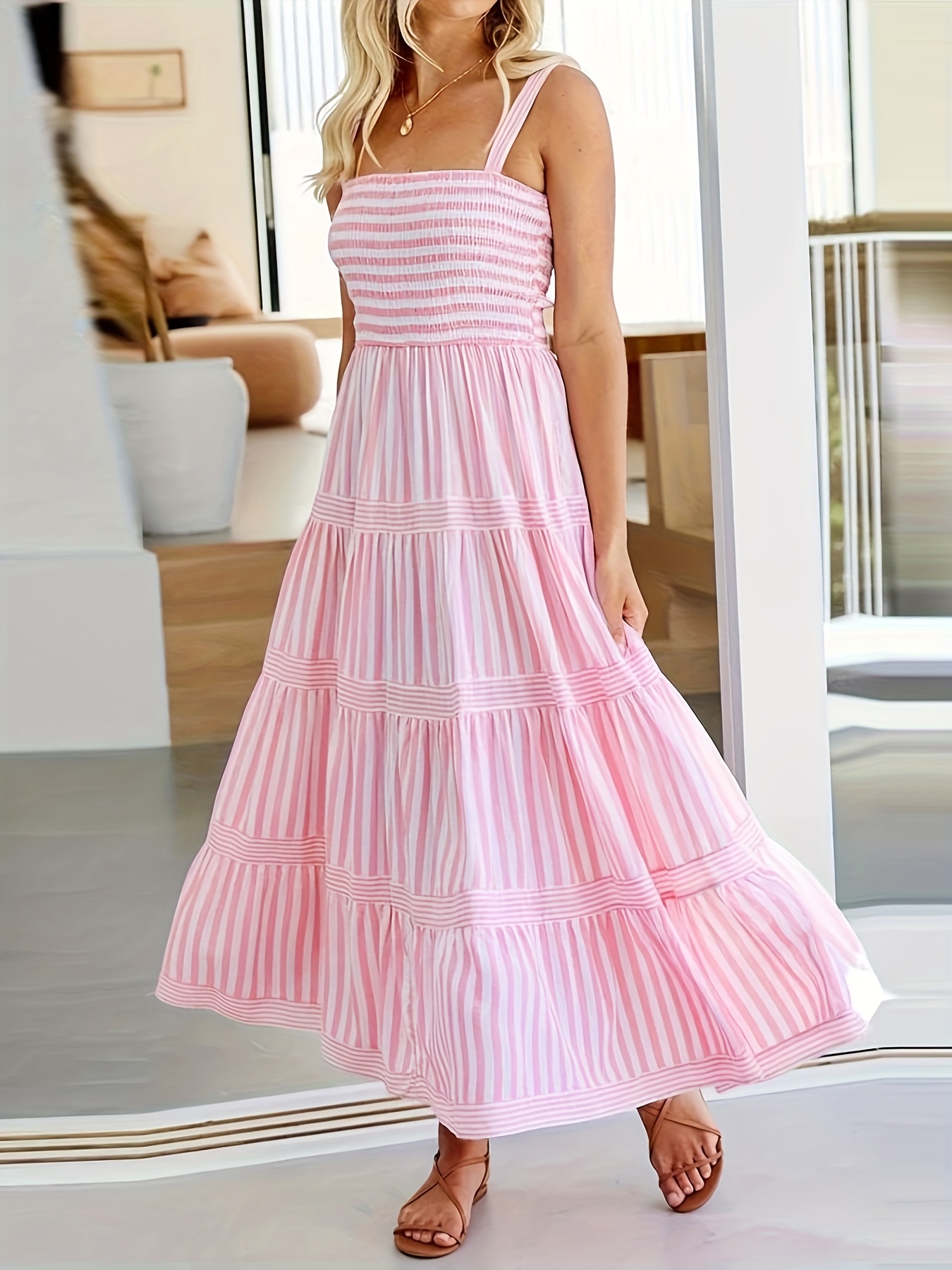 Striped Spaghetti Strap Maxi Dress Women'S Clothing Temu