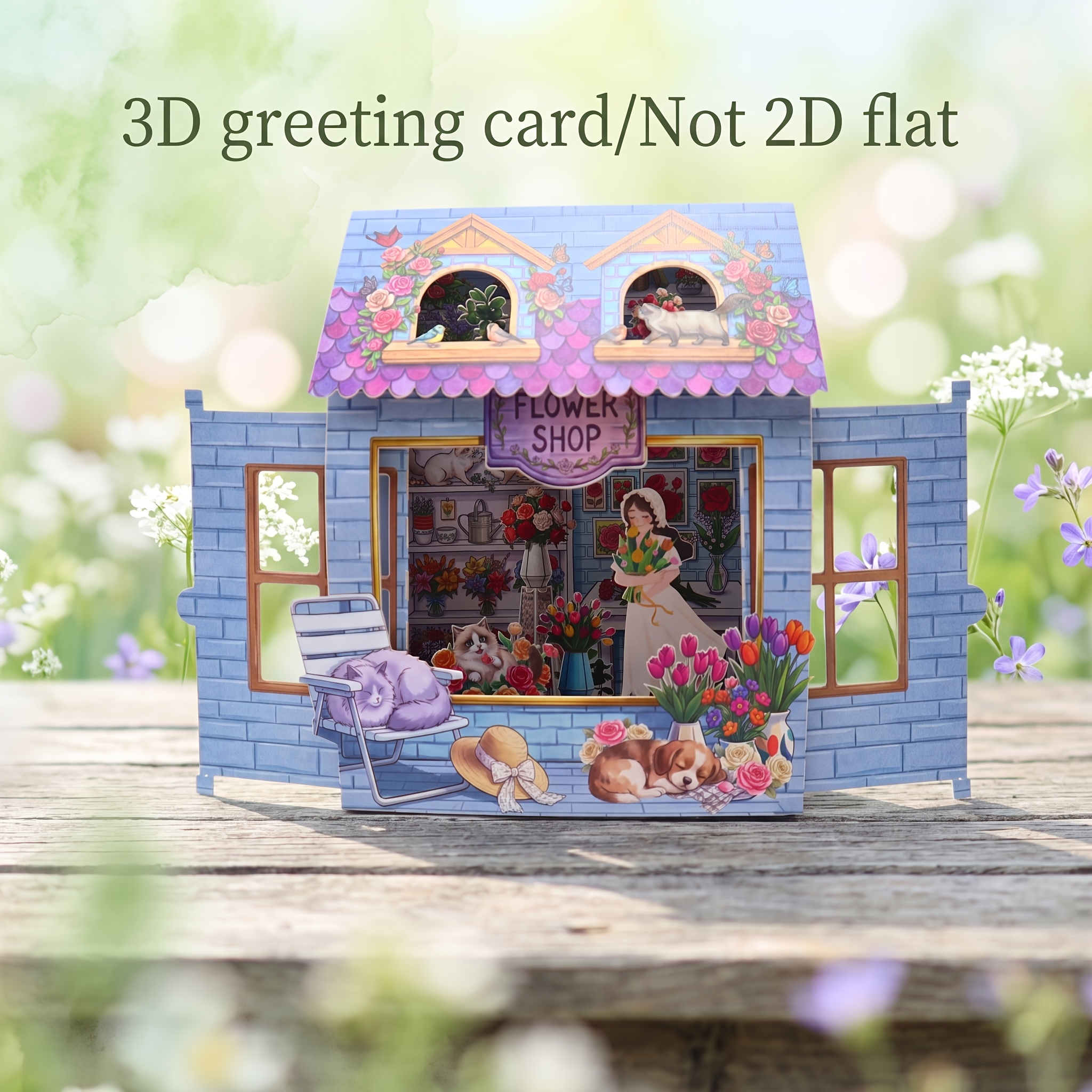 TEMU 3d Relief Blue Brick House 3d Pop-up Greeting Card (with Envelope) Flower Shop Scene, Featuring Floral Girl, Tulips, Roses, , , And Small Birds