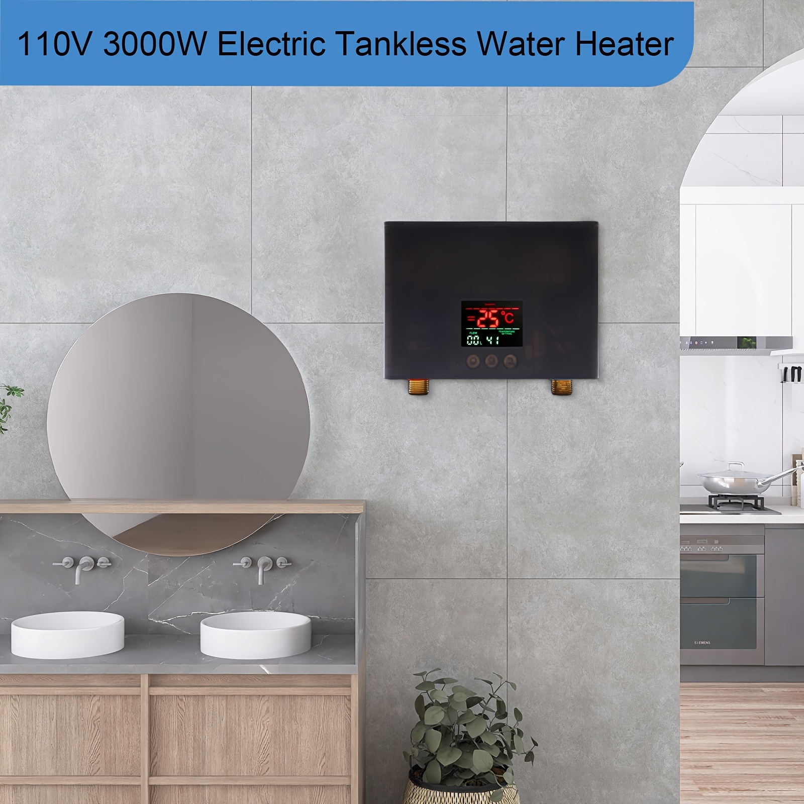 

110v Electric Tankless Home Hot Water Heater Instant Heating 3000w (black)