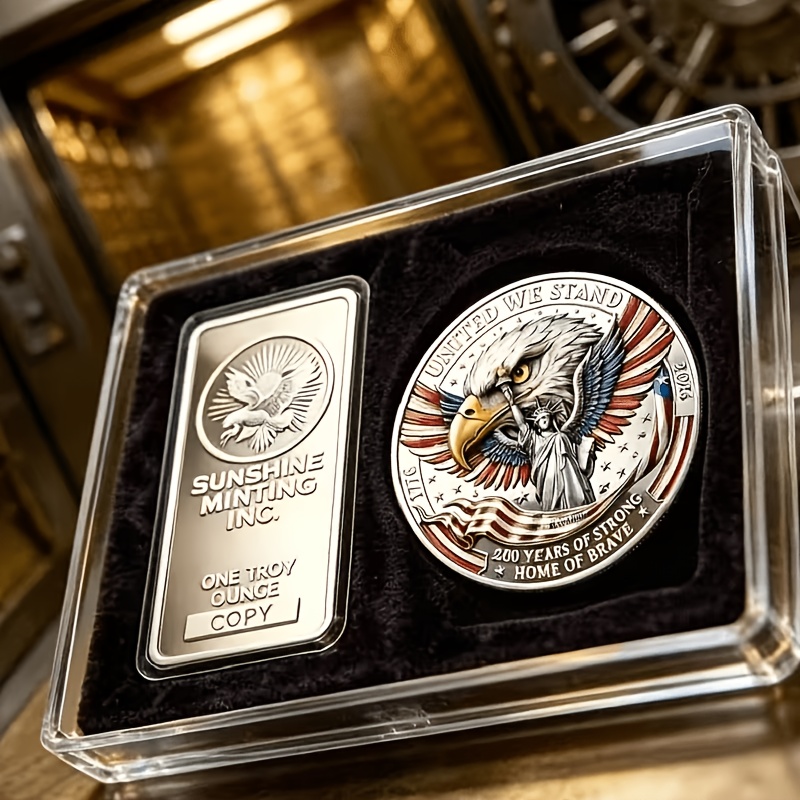 TEMU 2pcs Collectible Combo Set (1 Oz Mark Si Sealed Bar 33g 50x30mm + 1776-2026 Medallion Included) - Real Day - With Display Case & Velvet Pouch -