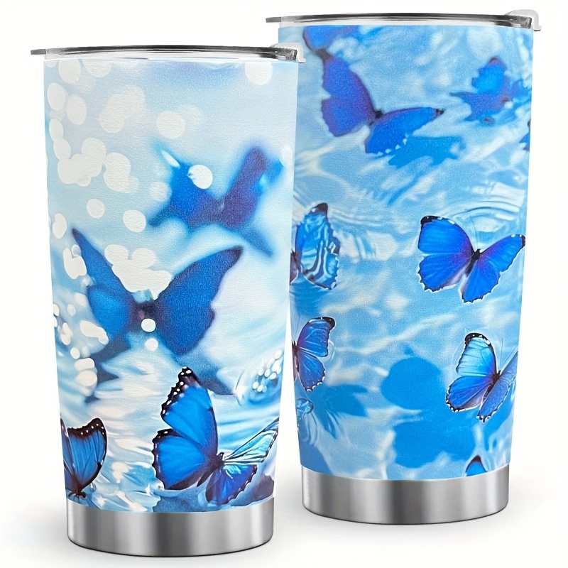 

1pc Butterfly Pattern 20oz Stainless Steel Tumbler, Blue Butterfly Vacuum Insulated Coffee Cup Gift For Butterfly Lovers, Travel Cup