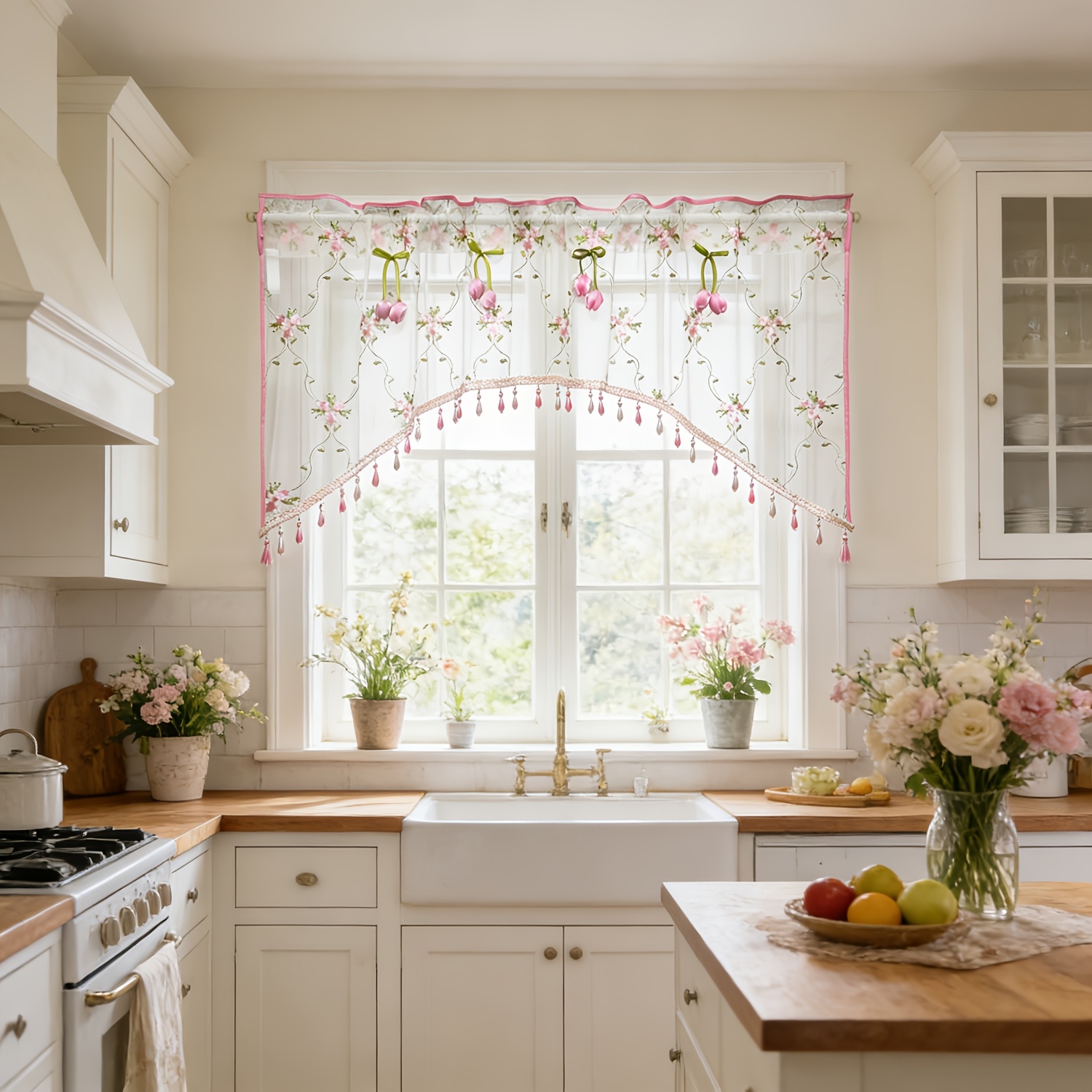 E-shop 1 Stück Französische Landhaus-Stickerei Blumenbogen Vorhang mit Rosa Tulpen Dekoration, Luxuriöser Kurzvorhang mit Perlen für Fenster, Vintage