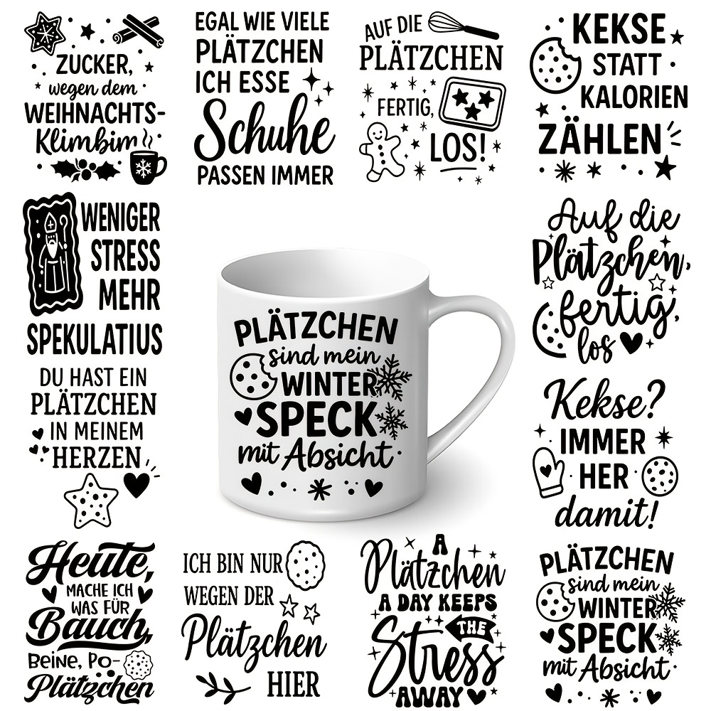 German Baking Christmas Theme Uv Dtf Transfer Stickers 12pcs/set, German Quotes Transfer Paper For Glass, Mugs, Crafts - Uv Dtf Adhesive Decals For Packages And Cups Christmas Decoration