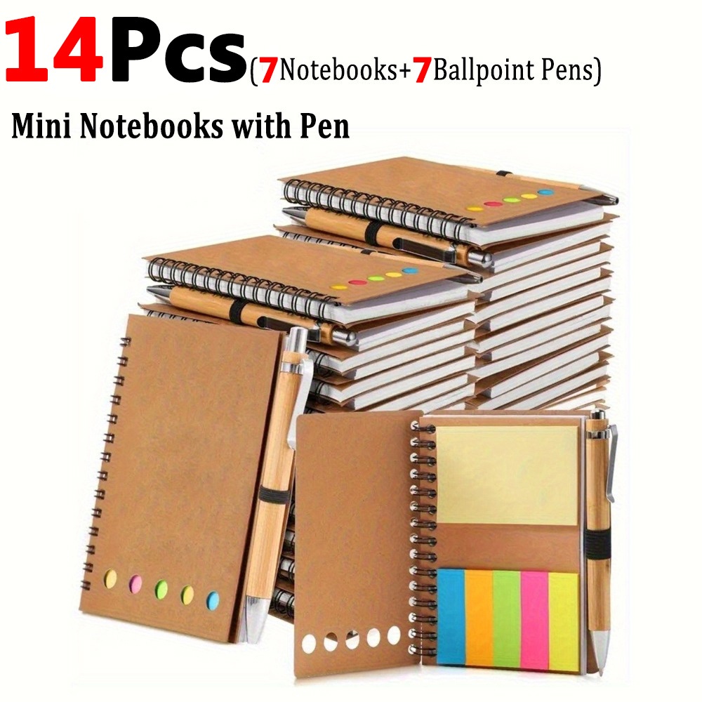 TEMU 14pcs Mini Notebook And Pen Set - 7 Notebooks + 7 Pens - Pocket-sized Journals With Color Index Tabs, Compact Notepads, Suitable For Office,