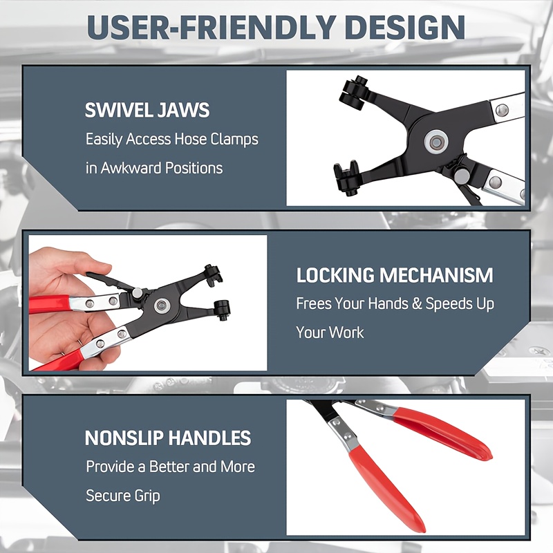a set of 9 hose clamp pliers featuring long handled pliers for automotive use straight throat style clamp pliers and bent wire clip pliers designed for removing water hoses and automotive coolant radiator heaters Product details 7